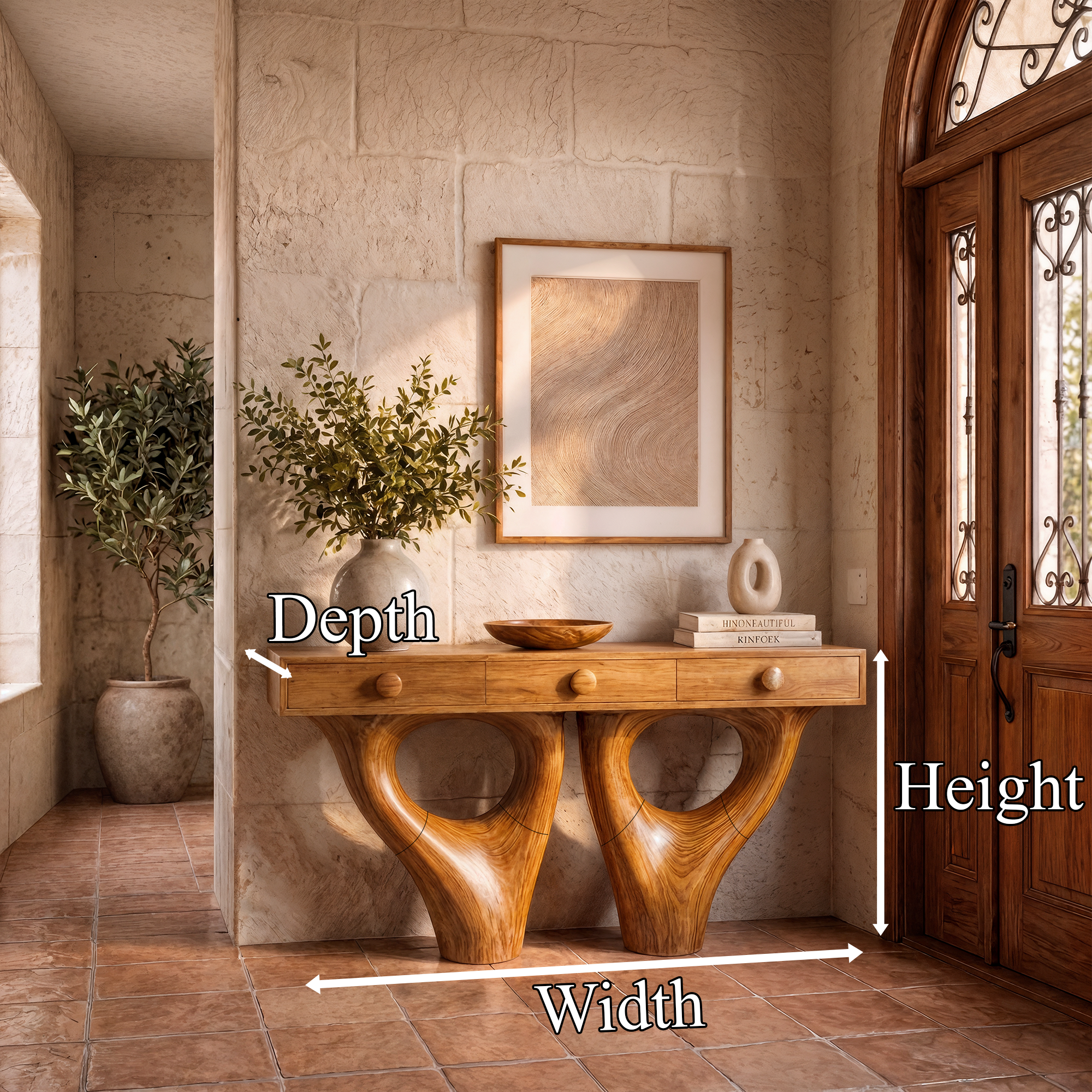 Rustic Console Table With Sculptural Double Pedestal Wood Base And Solid Wood Top For Entryway And Living Room