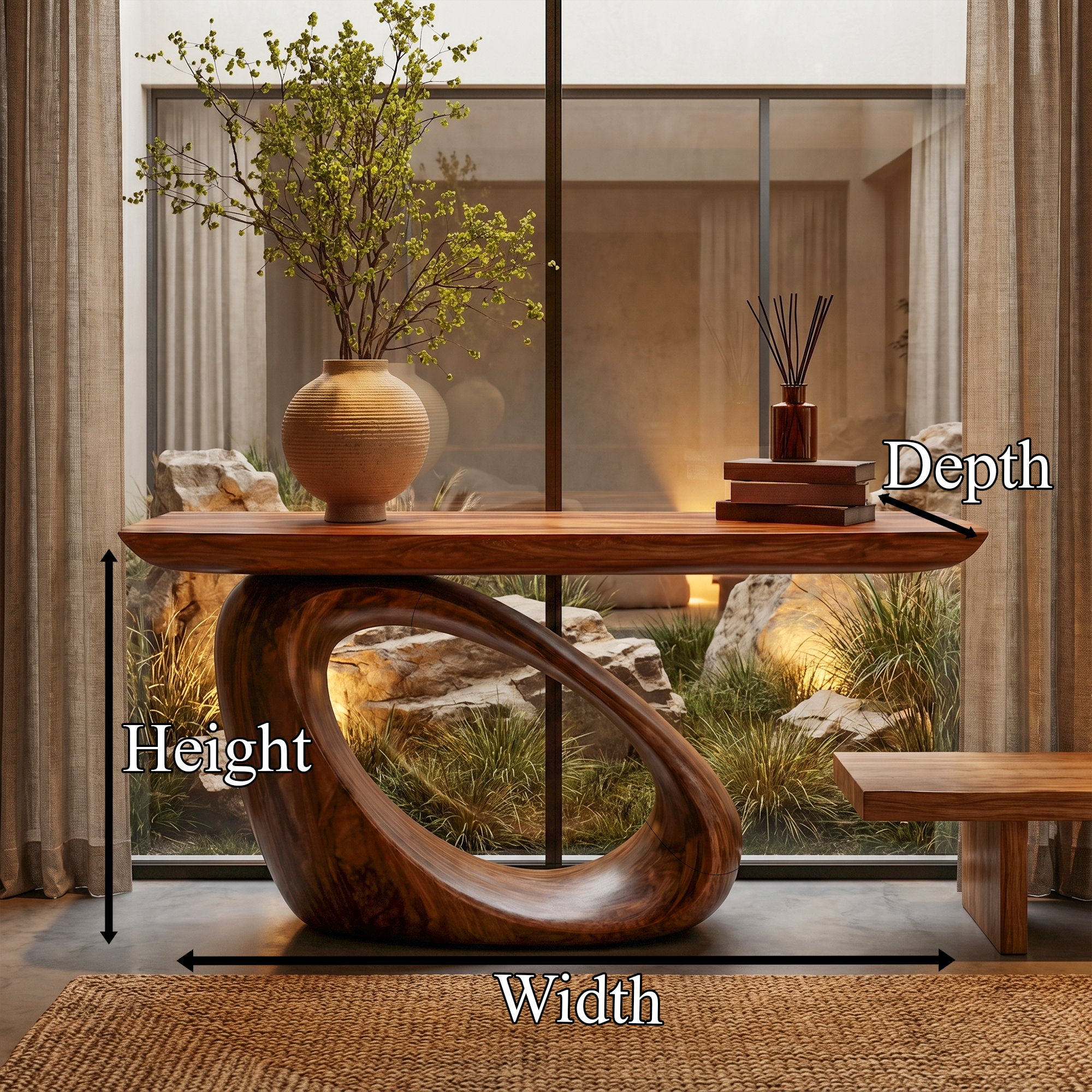 Modern Organic Console Table With Sculptural Loop Pedestal Wood Base For Entryway And Living Room