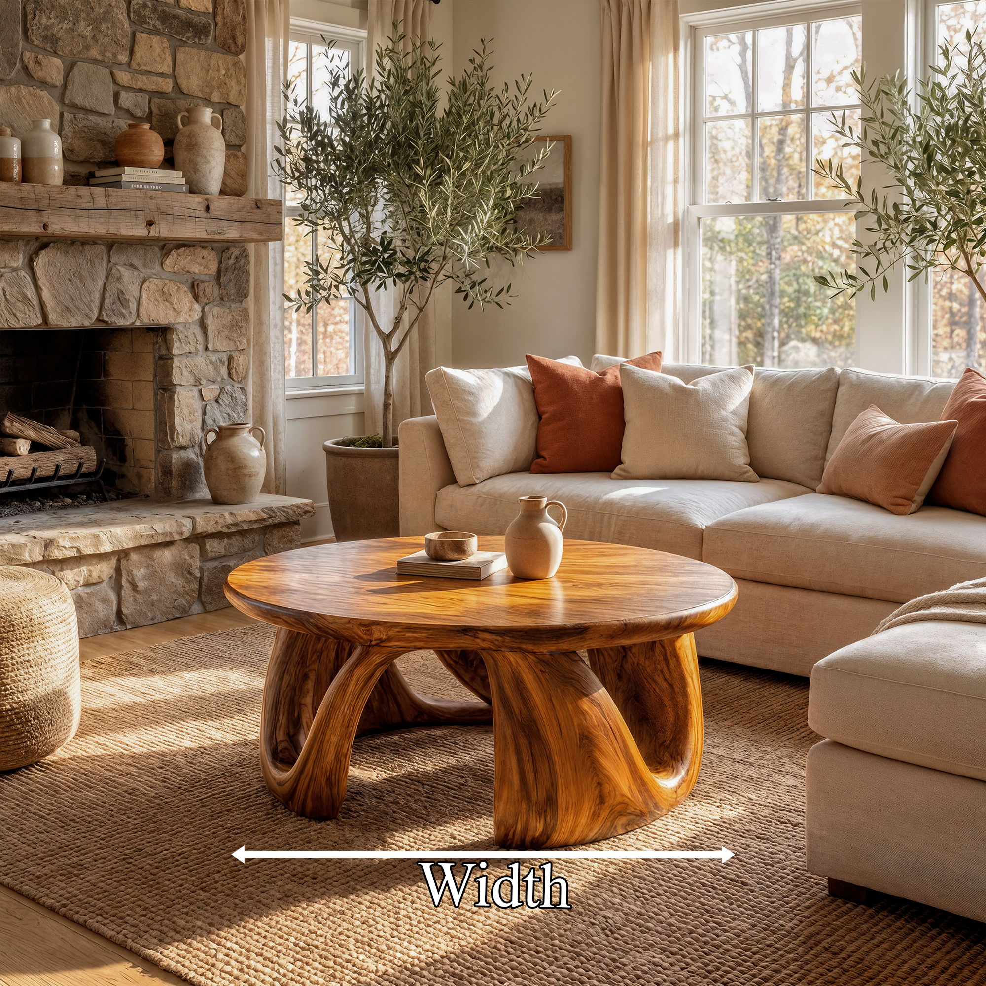 Organic Modern Coffee Table With Round Wood Top And Artistic Curved Base For Living Room