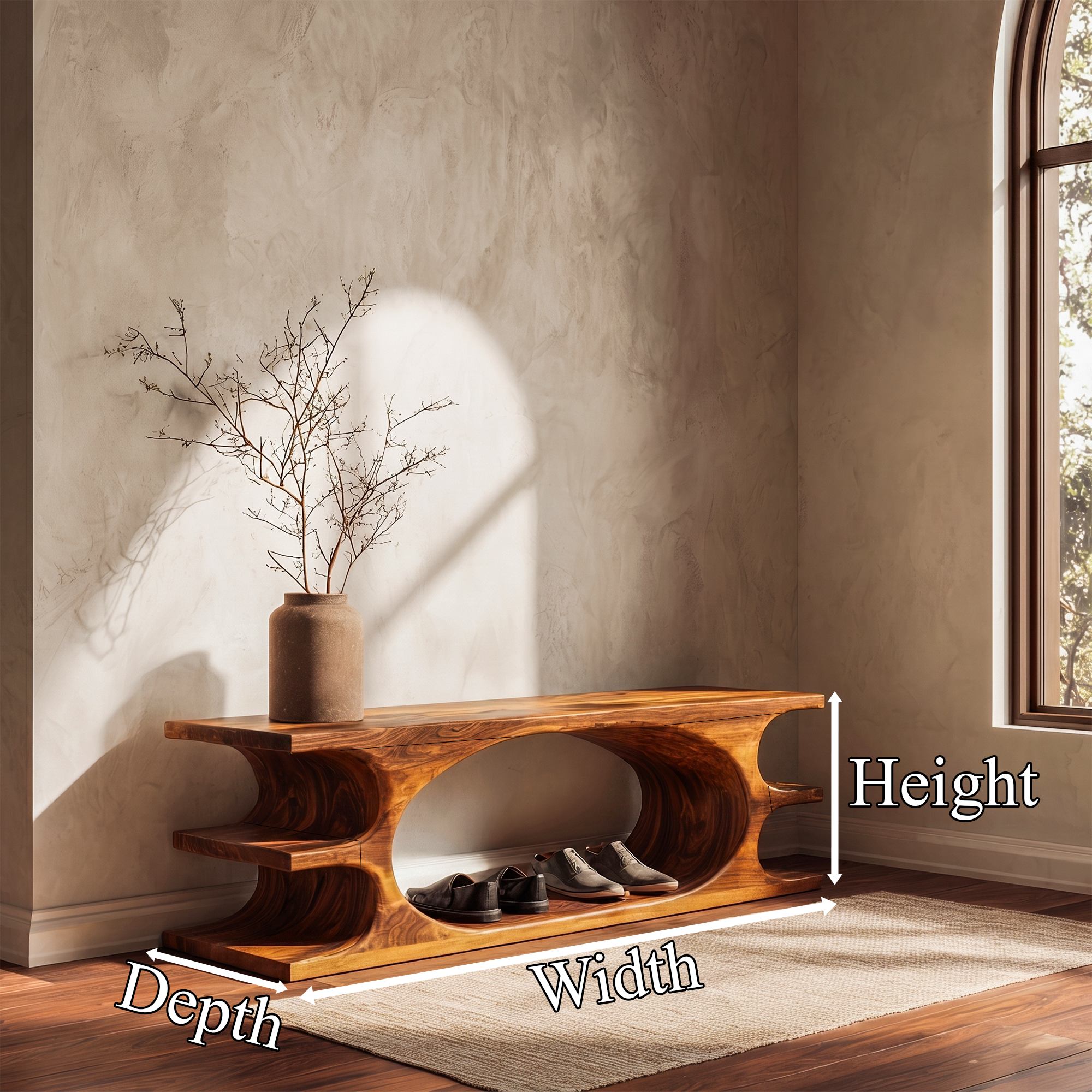 Organic Sculptural Wooden Bench With Flowing Curved Base For Living Room And Entryway