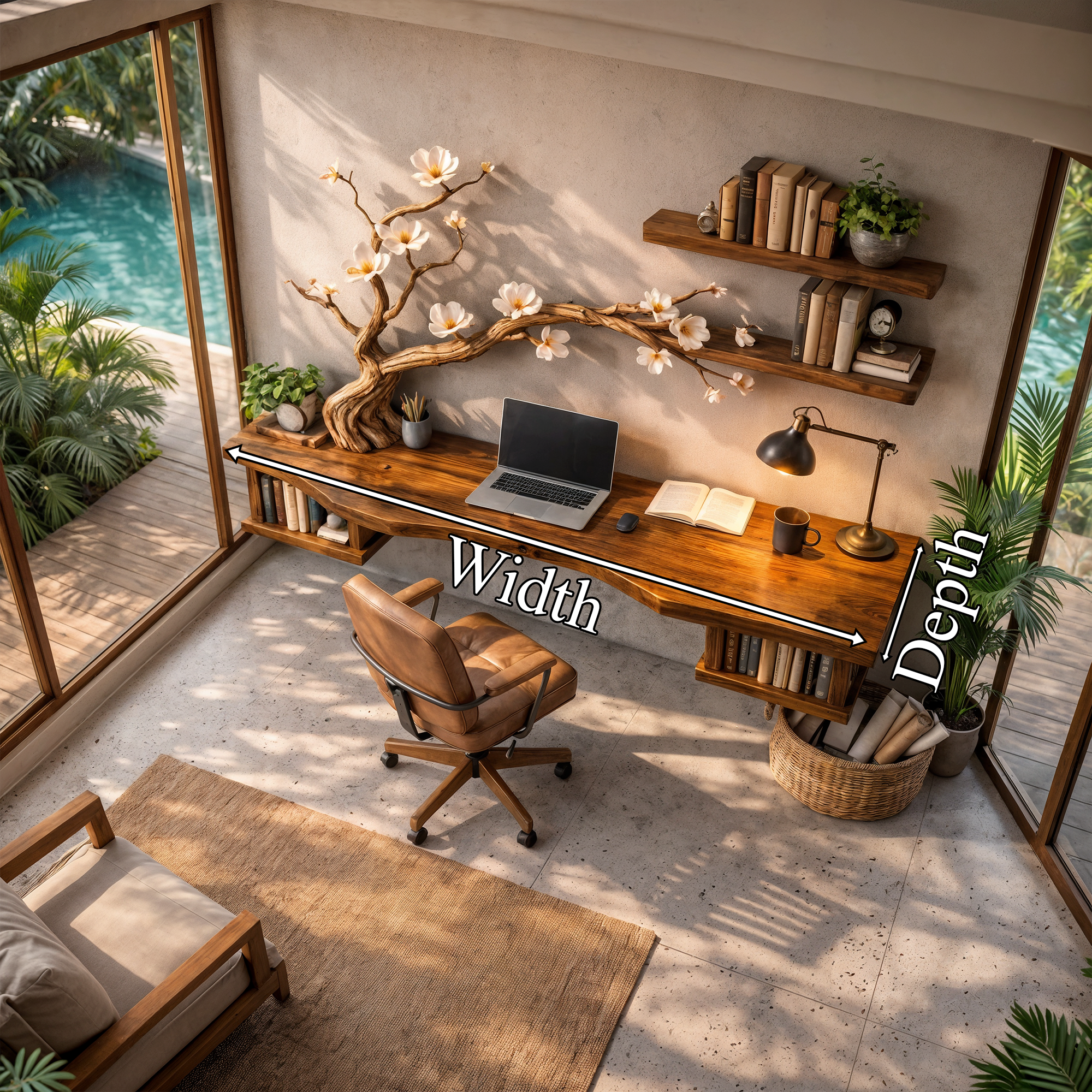 Organic Sculptural Floating Desk With Tree Branch Art For Home Office