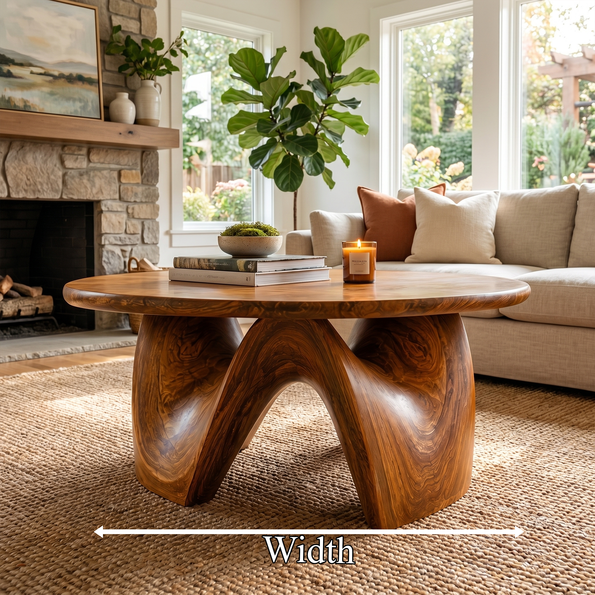 Rustic Coffee Table With Sculptural Solid Wood Base And Round Live Edge Top For Living Room