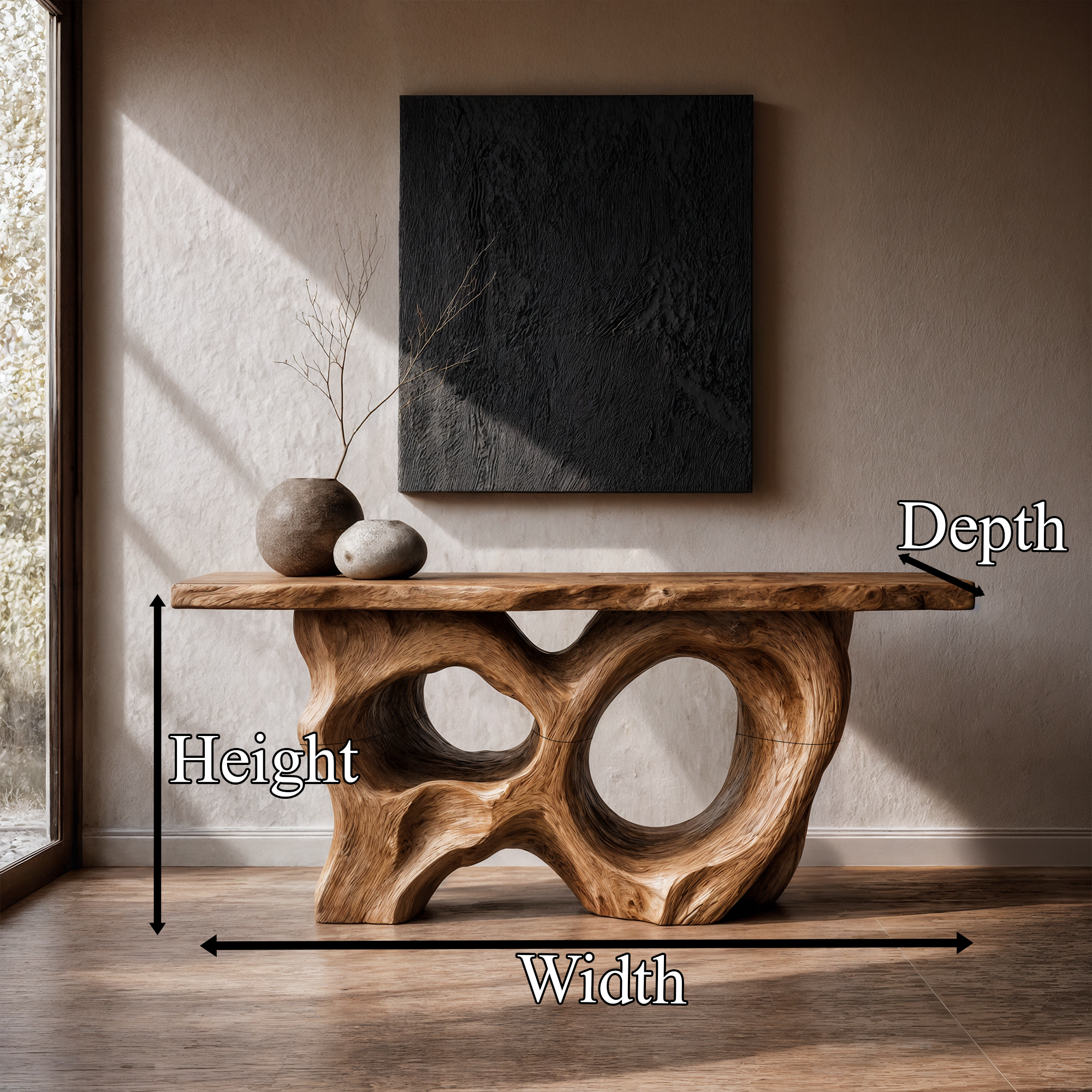Modern Console Table With Sculptural Asymmetrical Wood Base  For Living Room