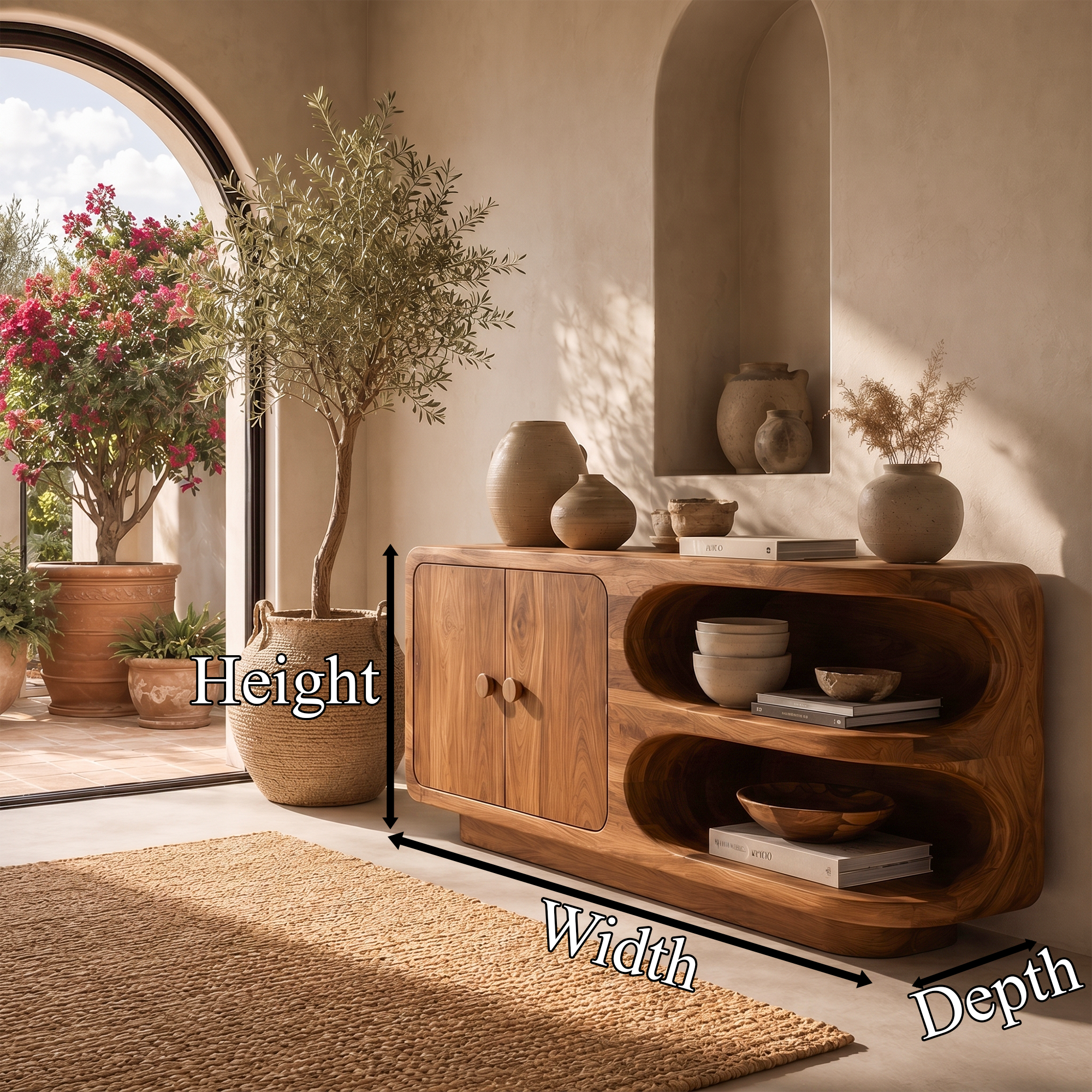 Organic Sideboard With Rounded Solid Wood Frame And Open Display Shelves For Living Room