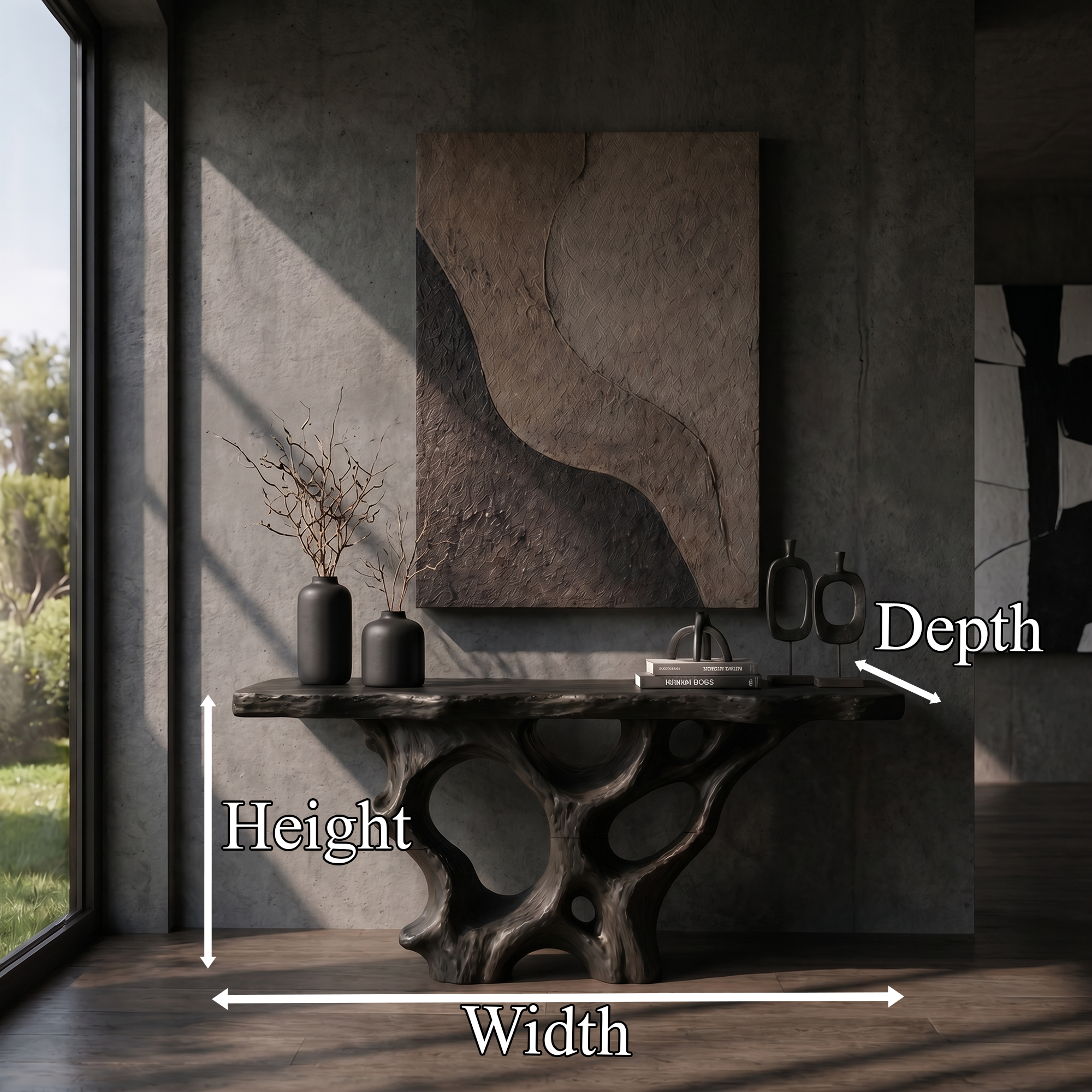 Organic Unique Console Table With Sculptural Natural Wood Base For Living Room