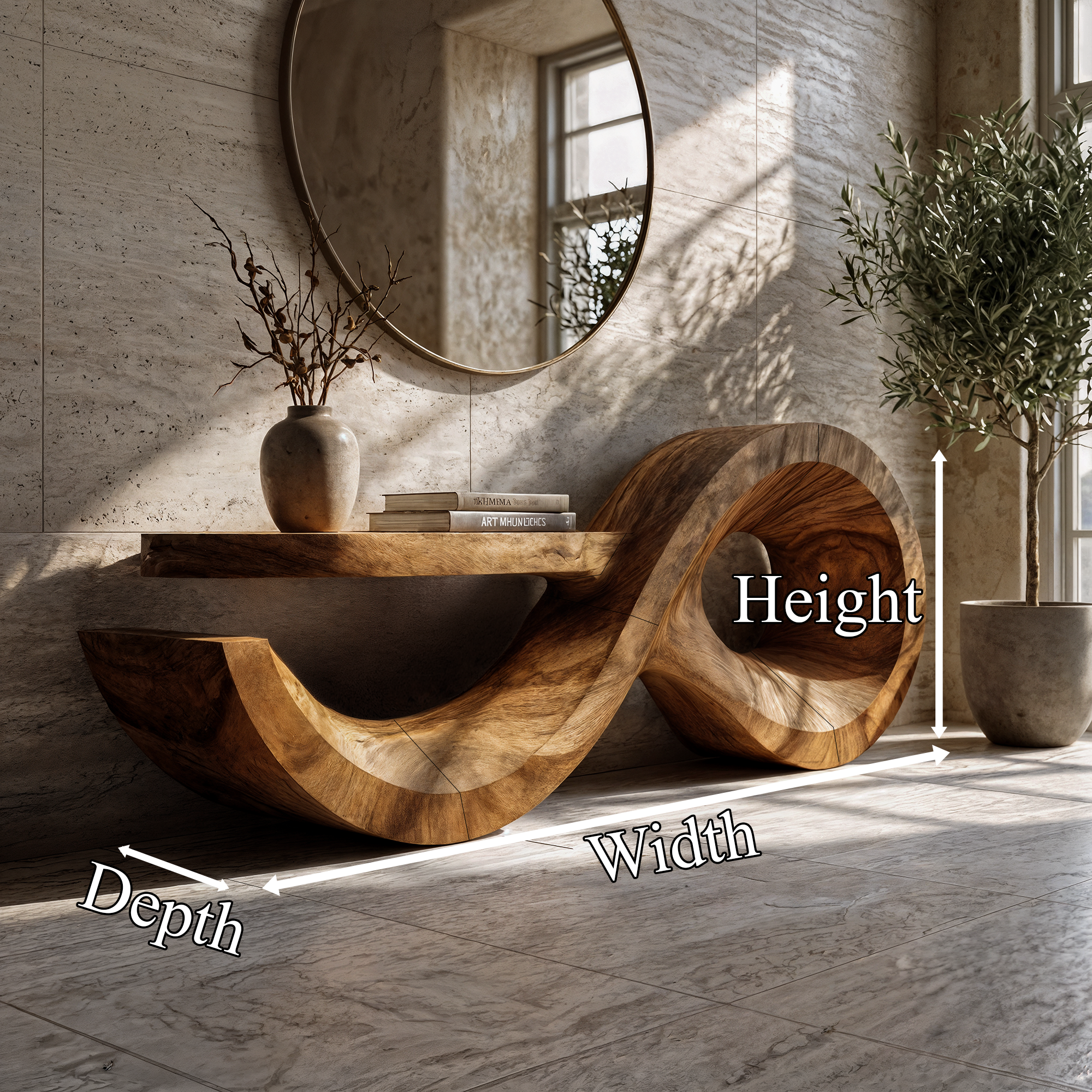 Contemporary Console Table With Sculptural Wave Wood Base And Solid Wood Top For Living Room