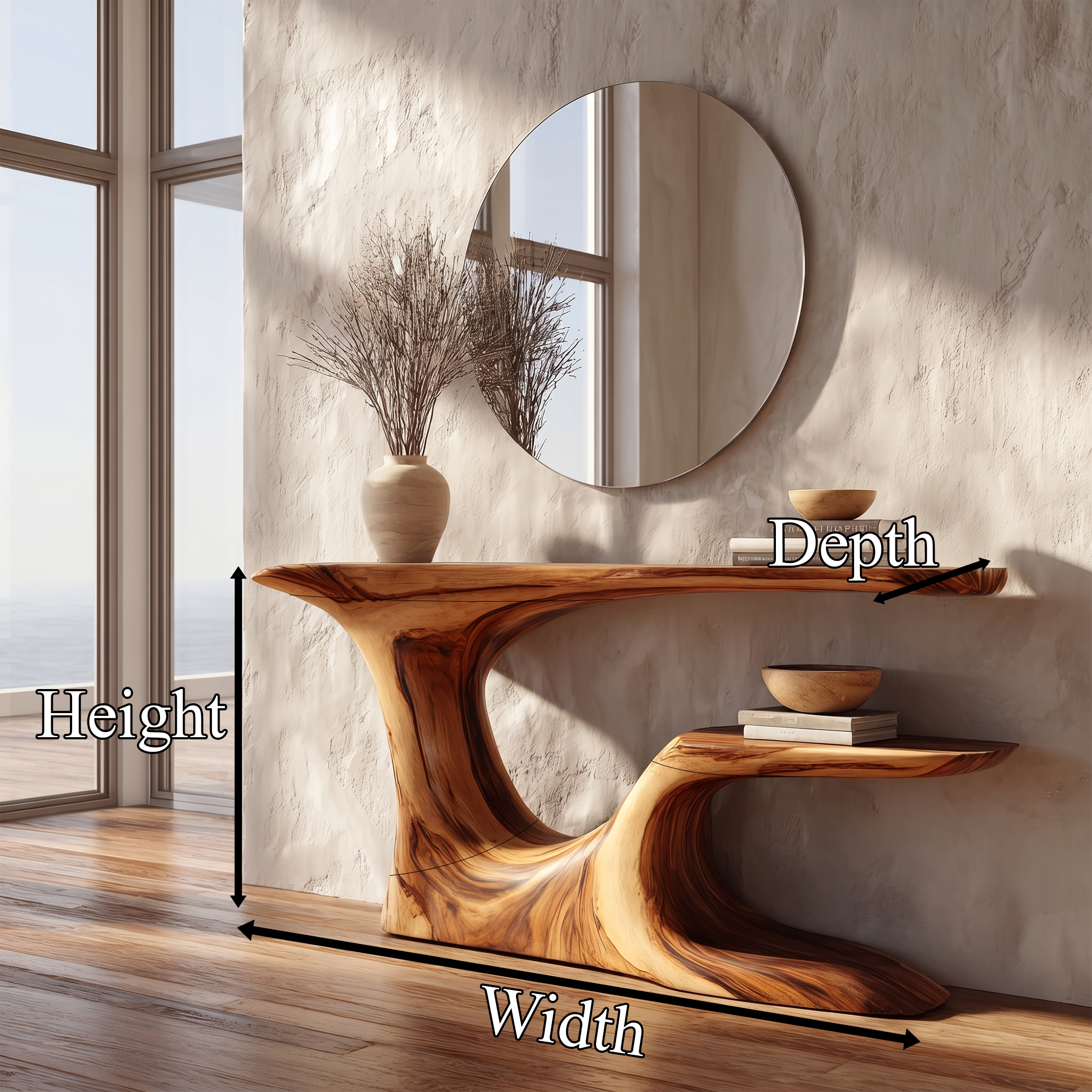 Rustic Organic Console Table With Live Edge Top And Sculptural Solid Wood Base For Entryway