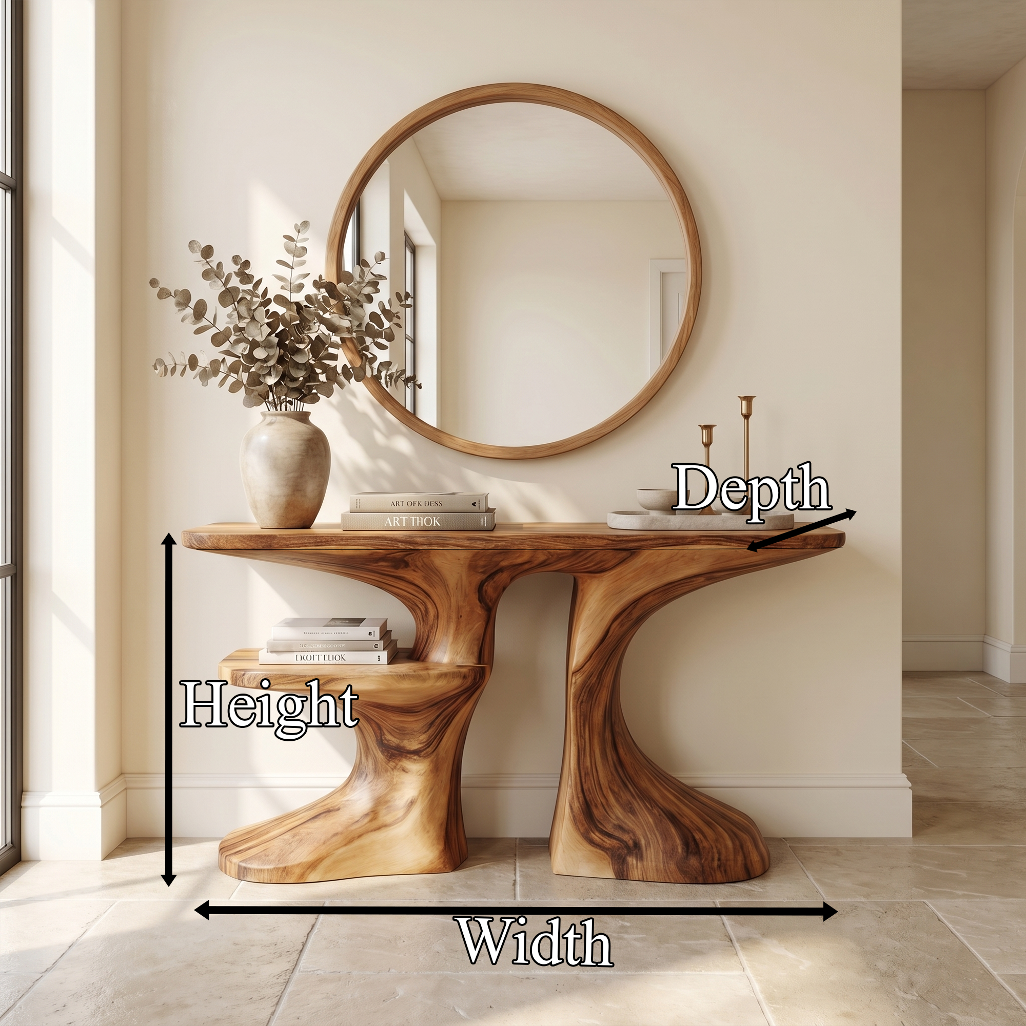Organic Console Table With Live Edge Countertop And Sculptural Solid Wood Base For Entryway