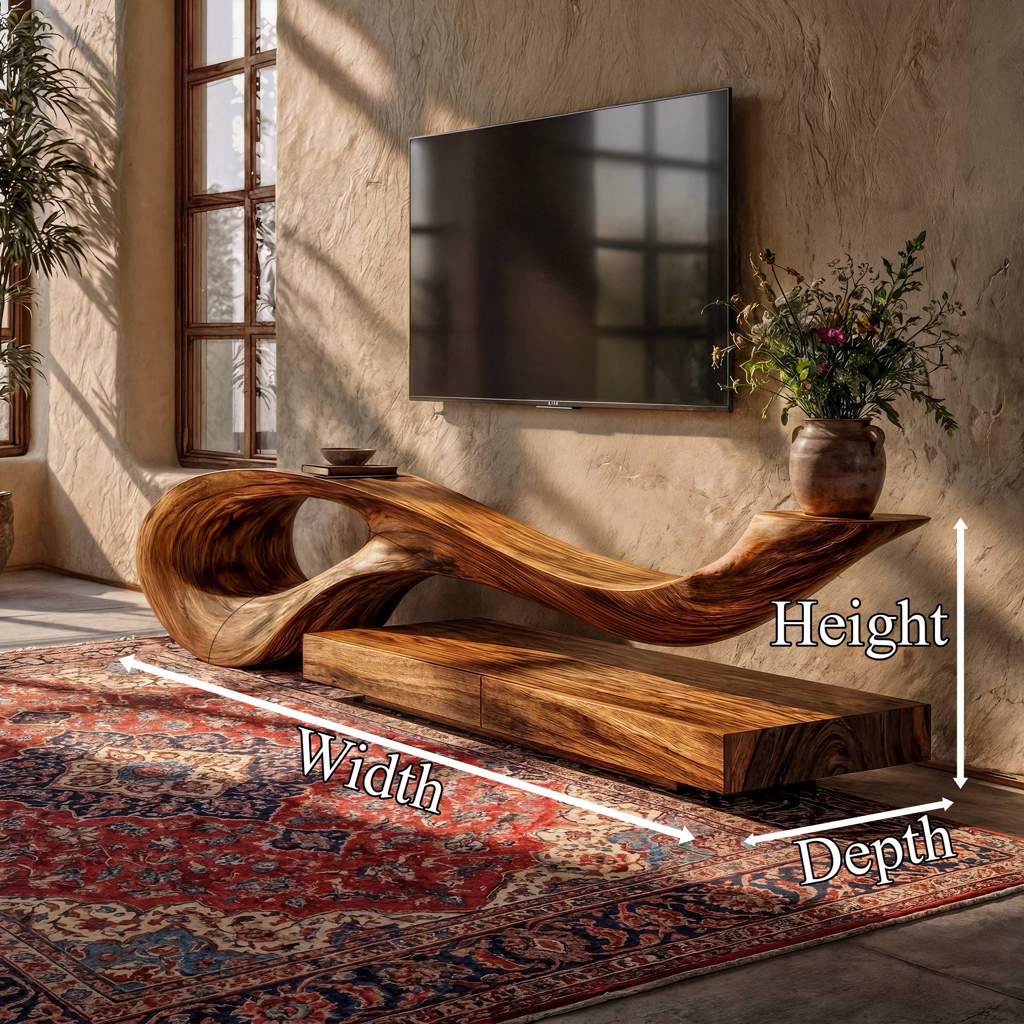 Sculptural TV Cabinet With Unique Flowing Curve Wood Base And Solid Wood Media Console For Living Room