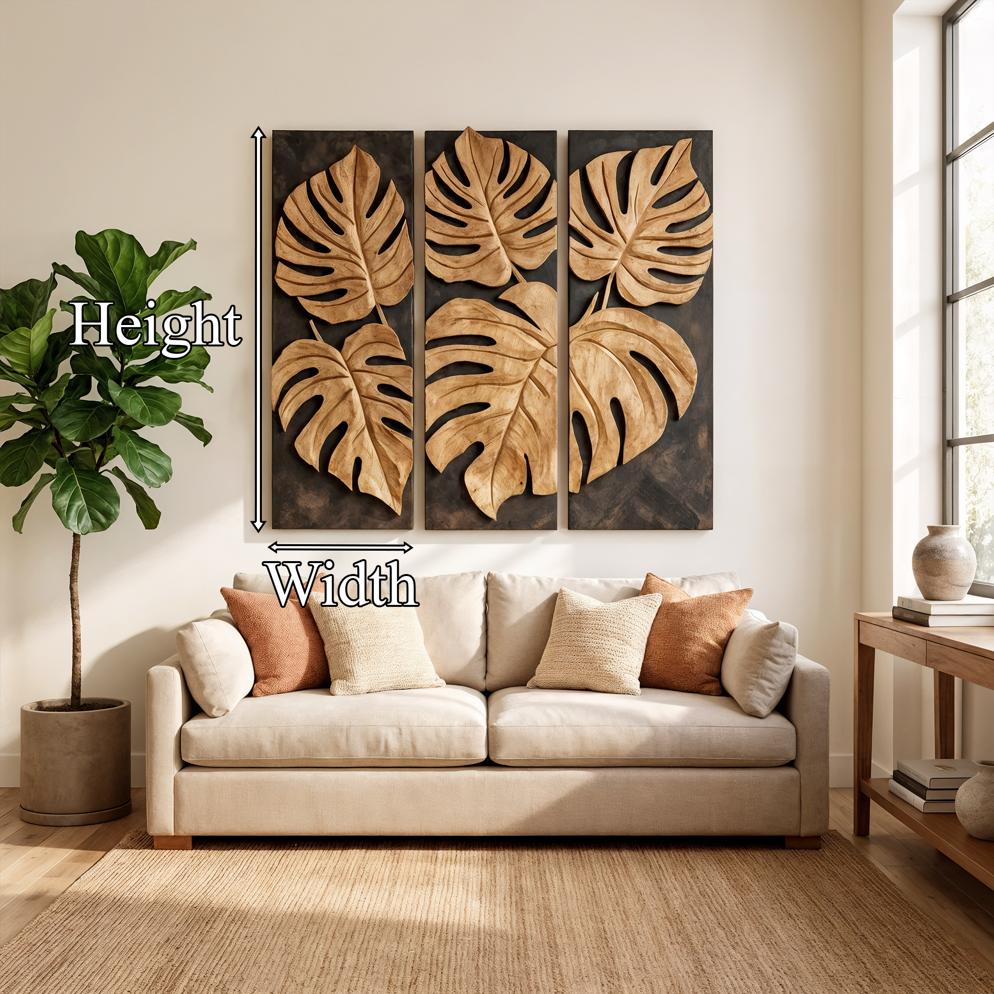 Carved Monstera Leaf Solid Wood Wall Art Triptych Statement Decor
