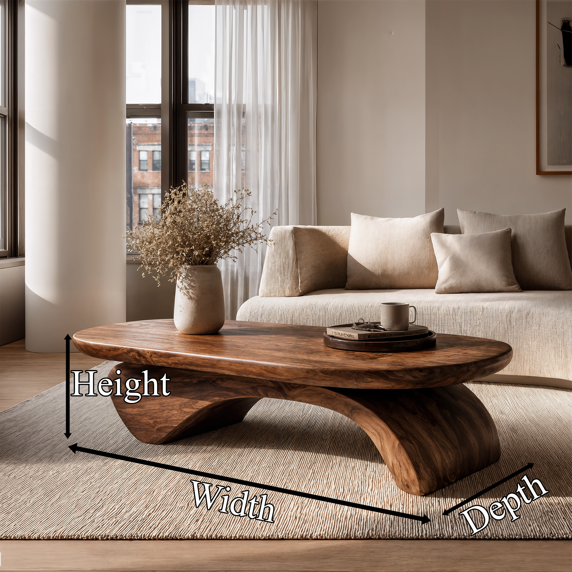 Rustic Live Edge Coffee Table With Artistic Curved Wood Pedestal For Living Room