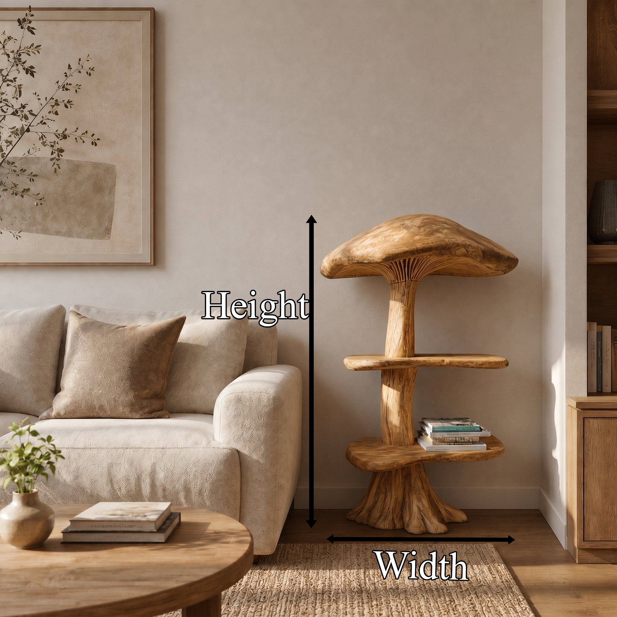 Organic Mushroom Display Bookshelf With Solid Wood Shelving For Living Room
