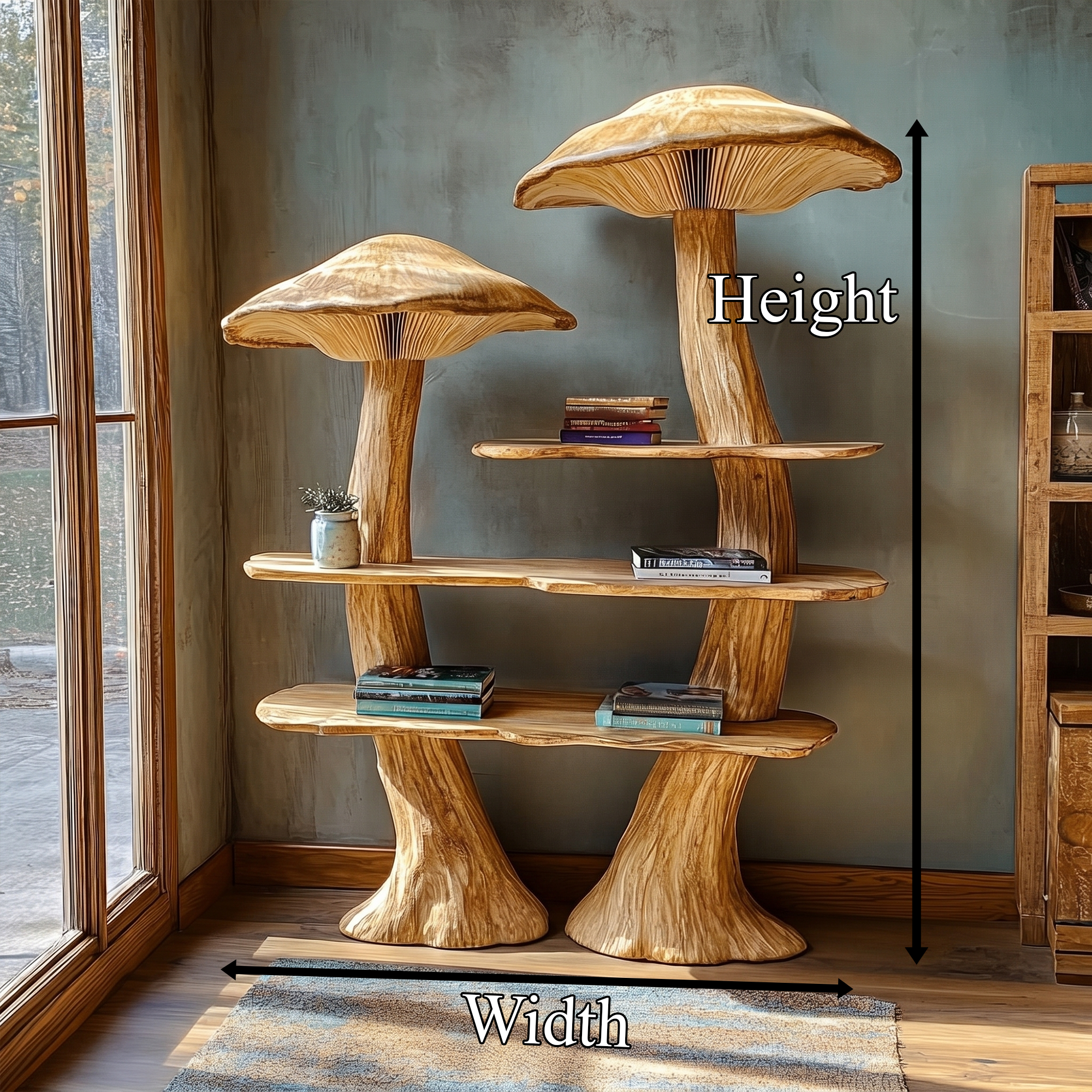 Rustic Mushroom Bookshelf With Tree Trunk Base And Solid Wood Shelves For Living Room