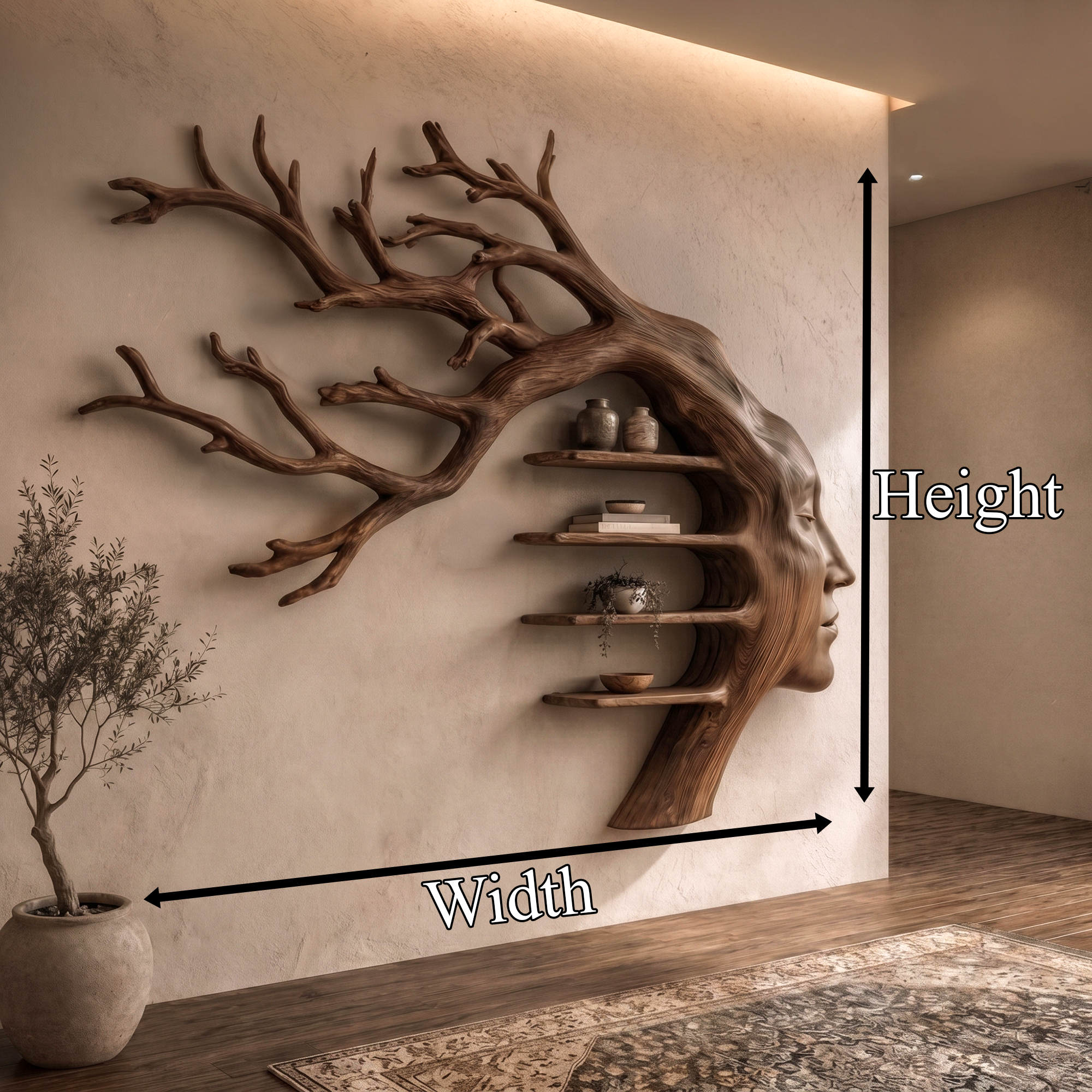 Rustic Tree Branch Wooden Wall Art With Floating Shelves For Living Room And Entryway