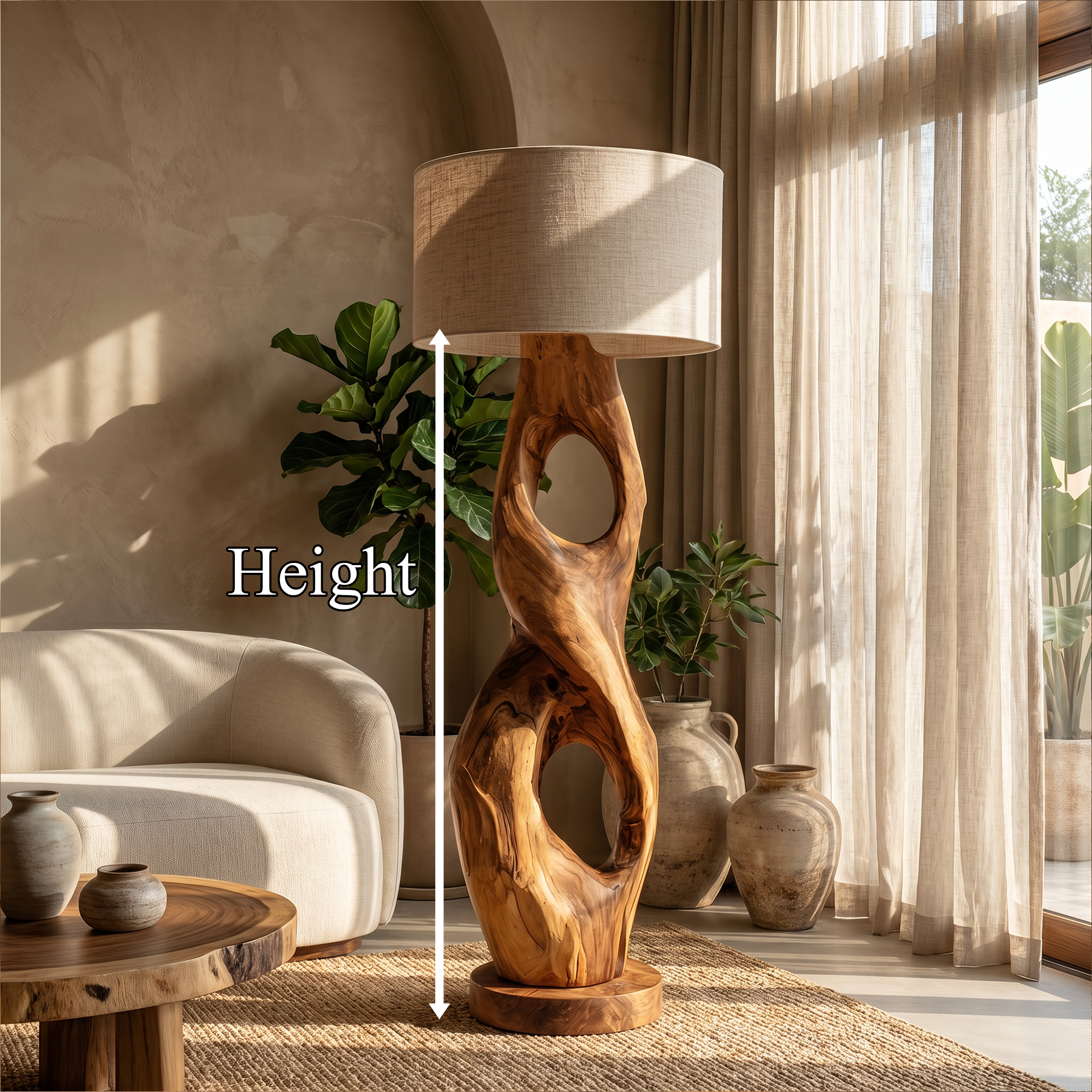 Rustic Floor Lamp With Handcrafted Hollow Wood Sculpture Base For Living Room