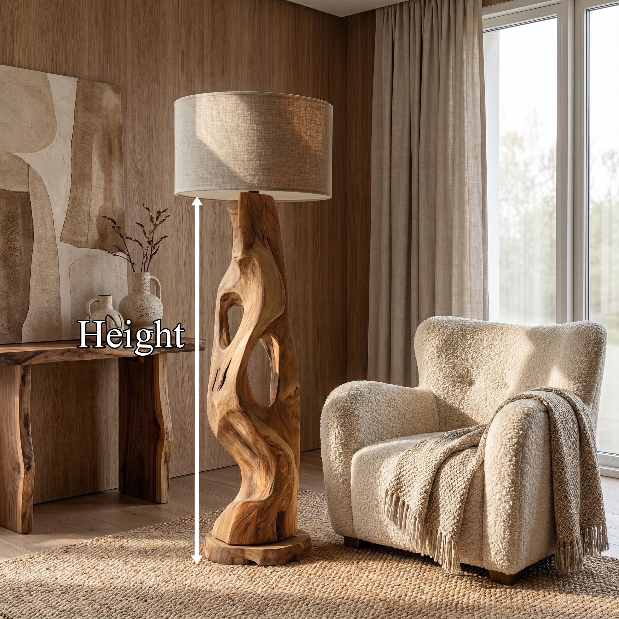 Organic Modern Standing Lamp With Artistic Solid Wood Base For Living Room