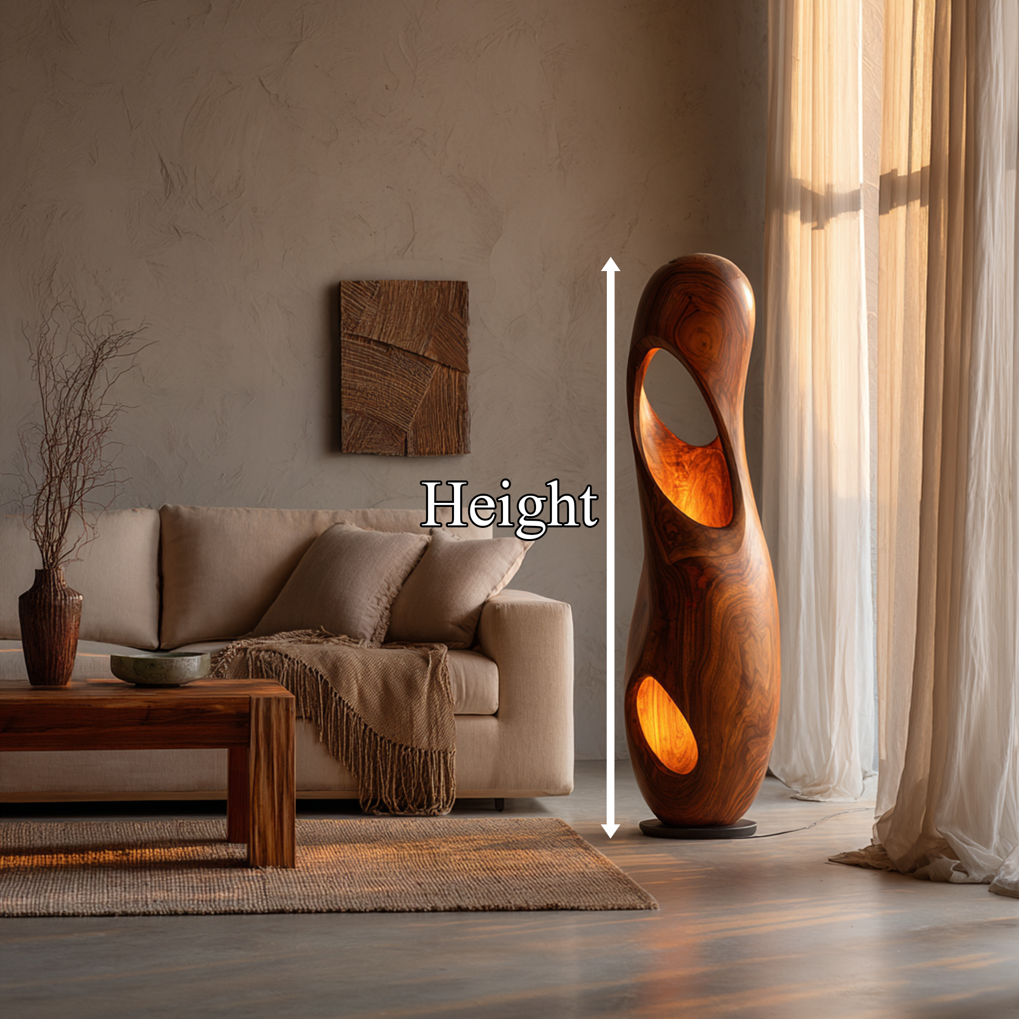 Organic Floor Lamp With Sculptural Hollow Wood Tower Design For Living Room