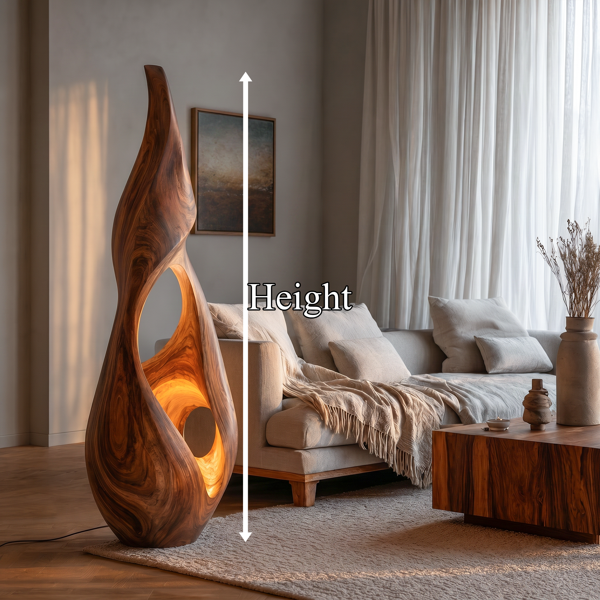 Nature Inspired Floor Lamp With Sculptural Solid Wood Form For Living Room