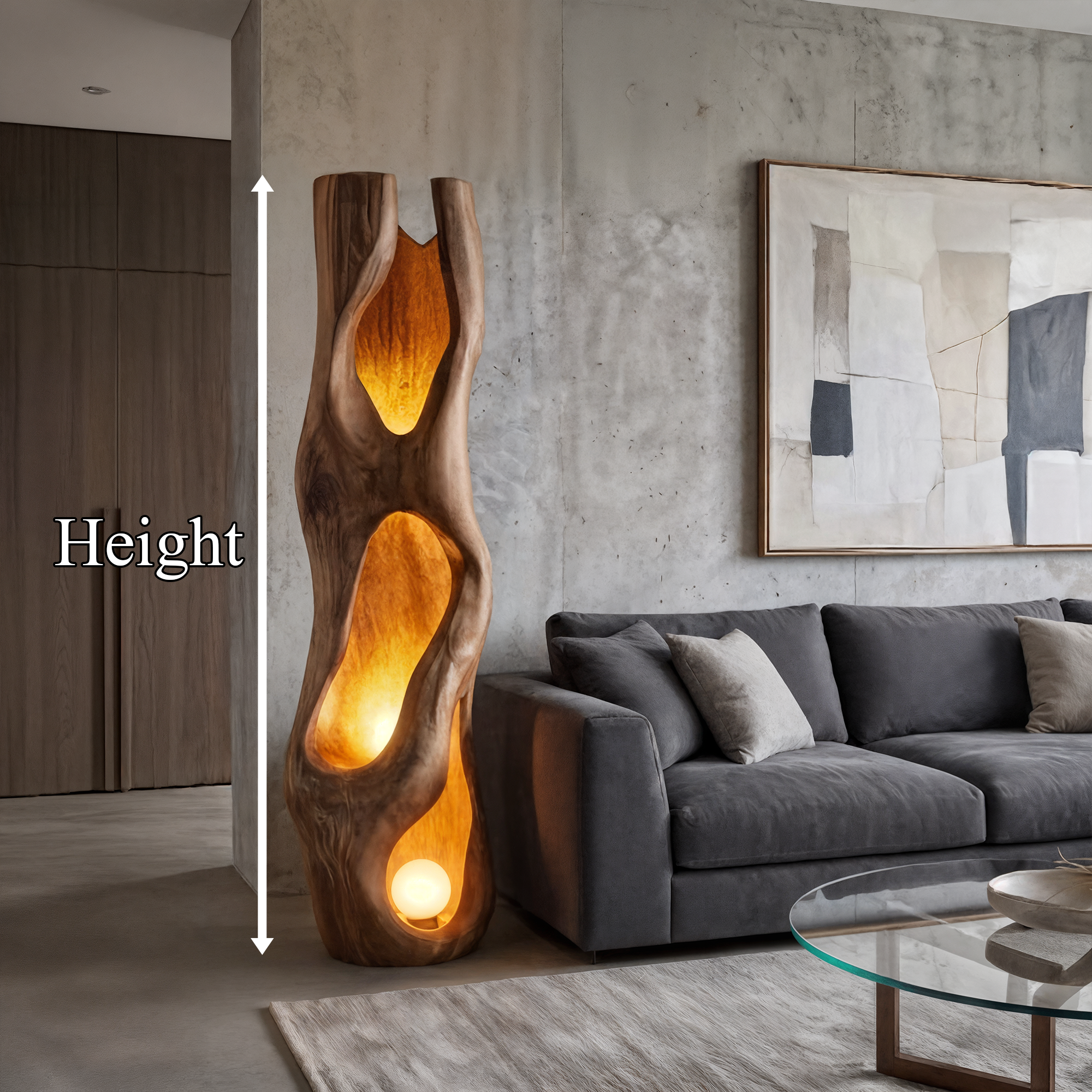 Nature Inspired Floor Lamp Carved Wood Sculpture For Living Room