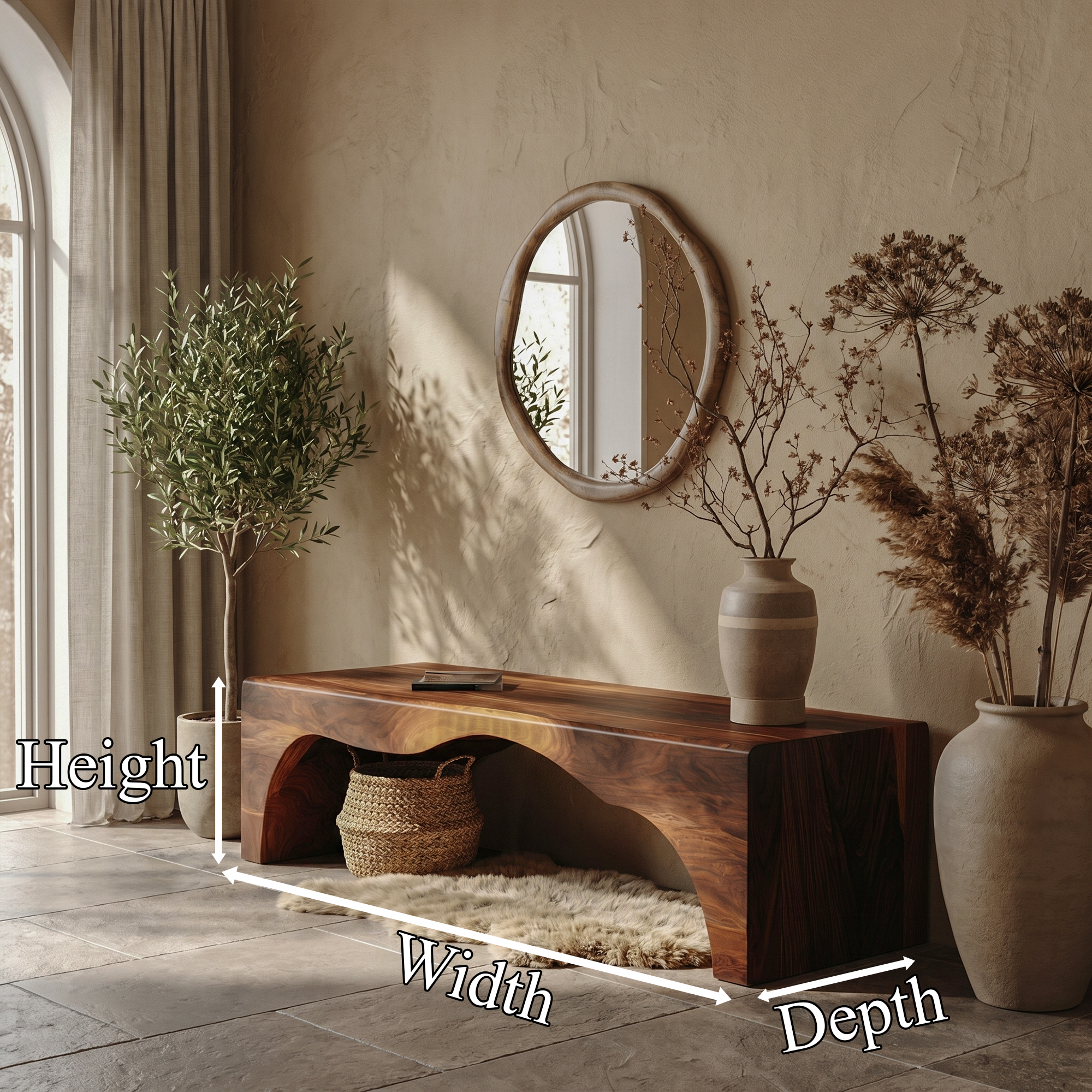 Rustic Live Edge Wooden Bench With Open Storage Shelf For Entryway