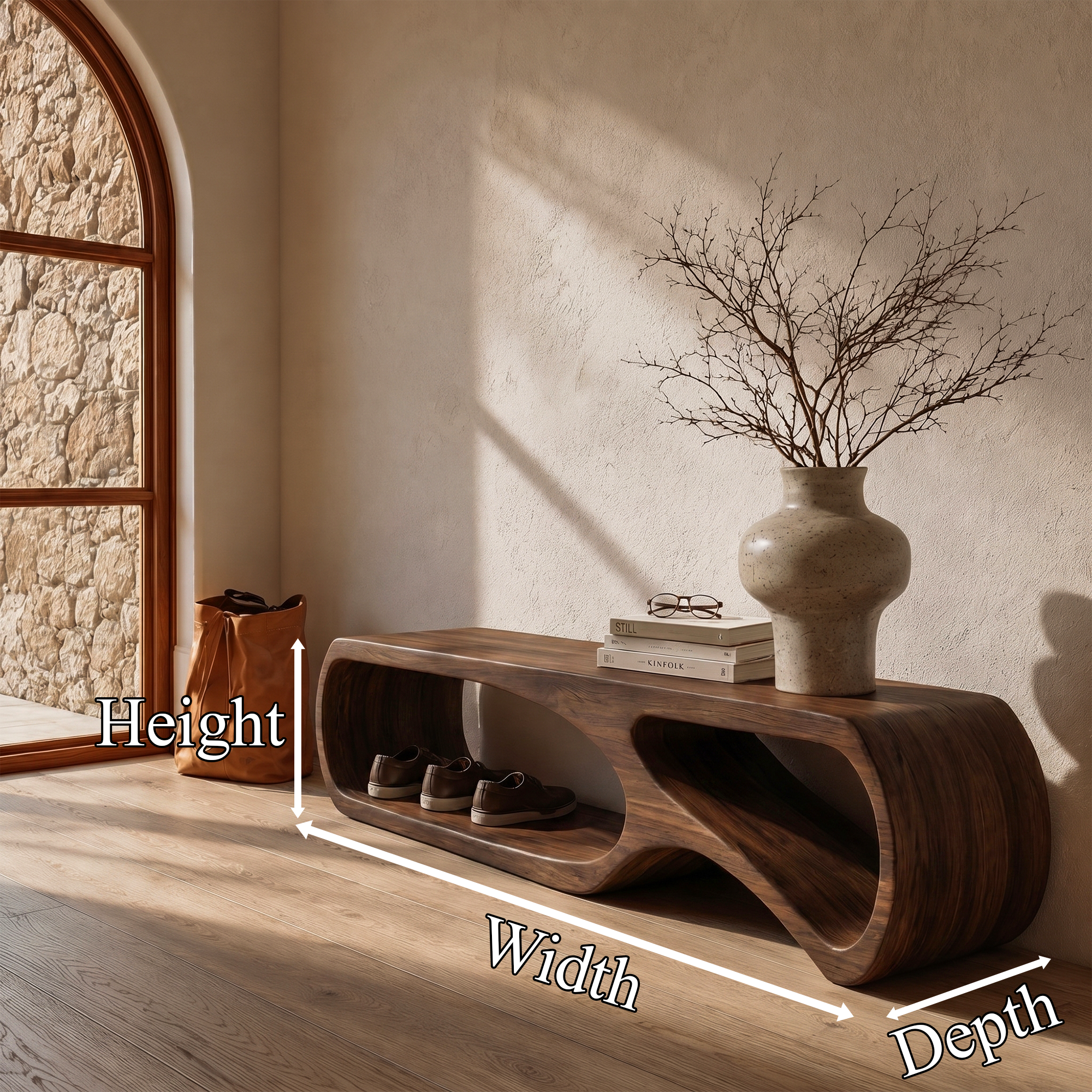 Sculptural Bench With Curved Open Storage Base For Entryway