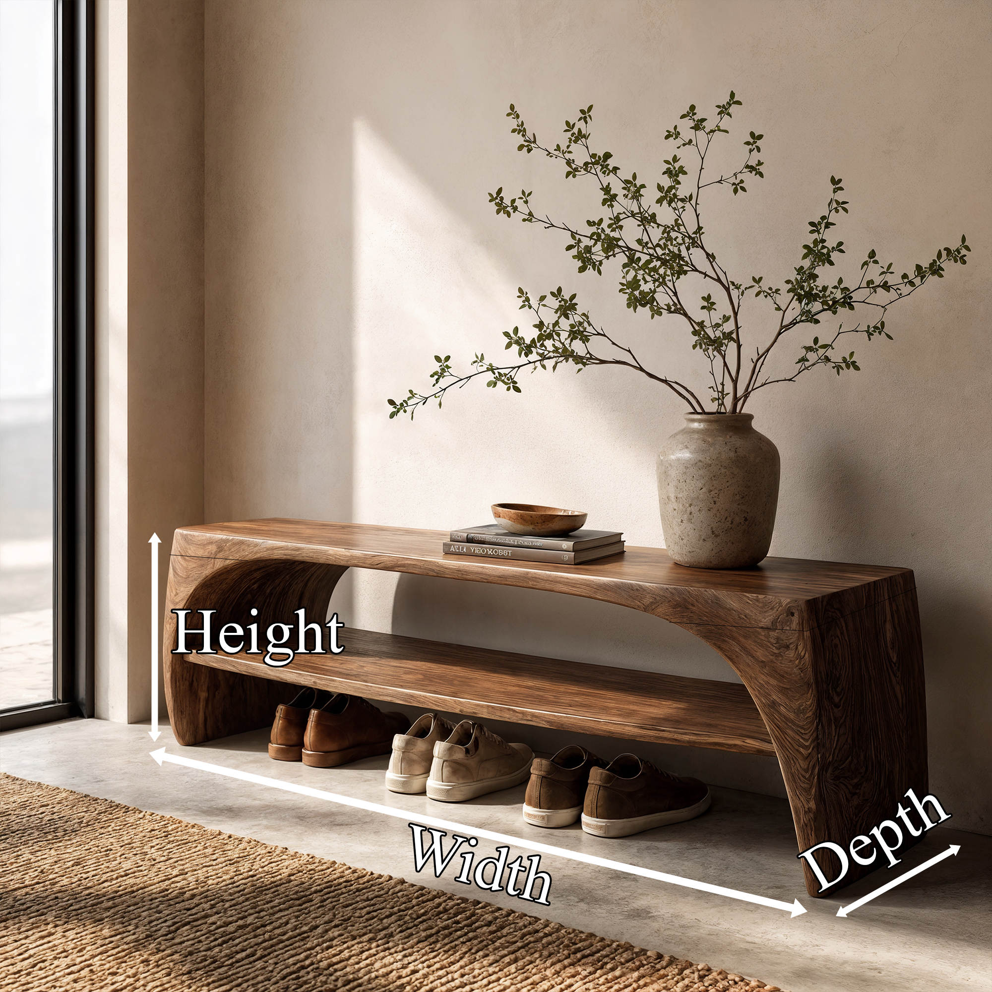Rustic Live Edge Bench With Open Shoe Storage Shelf For Entryway