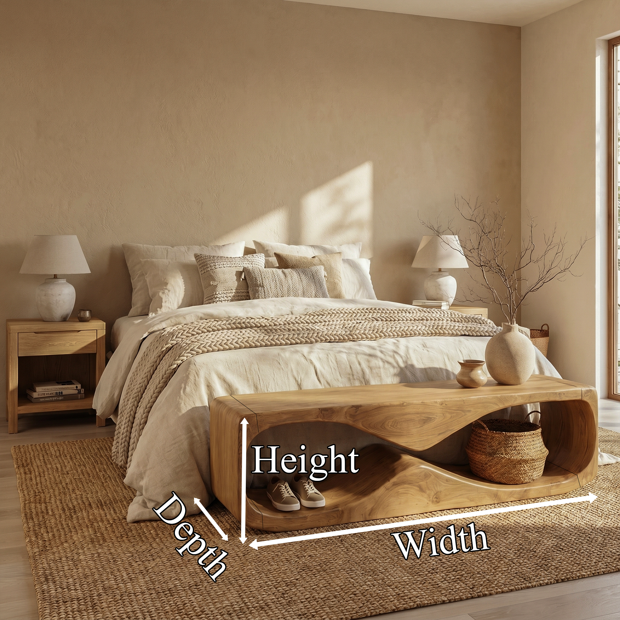 Modern Bench With Open Storage Shelf And Curved Wood Design For Entryway