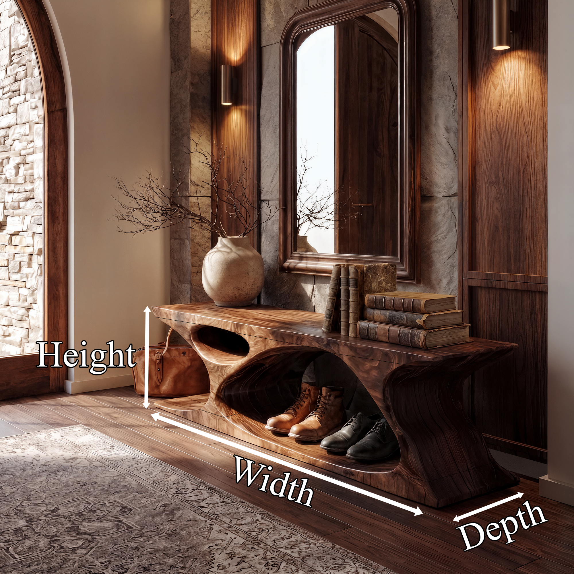 Modern Bench With Sculptural Open Base And Built In Shoe Storage For Entryway