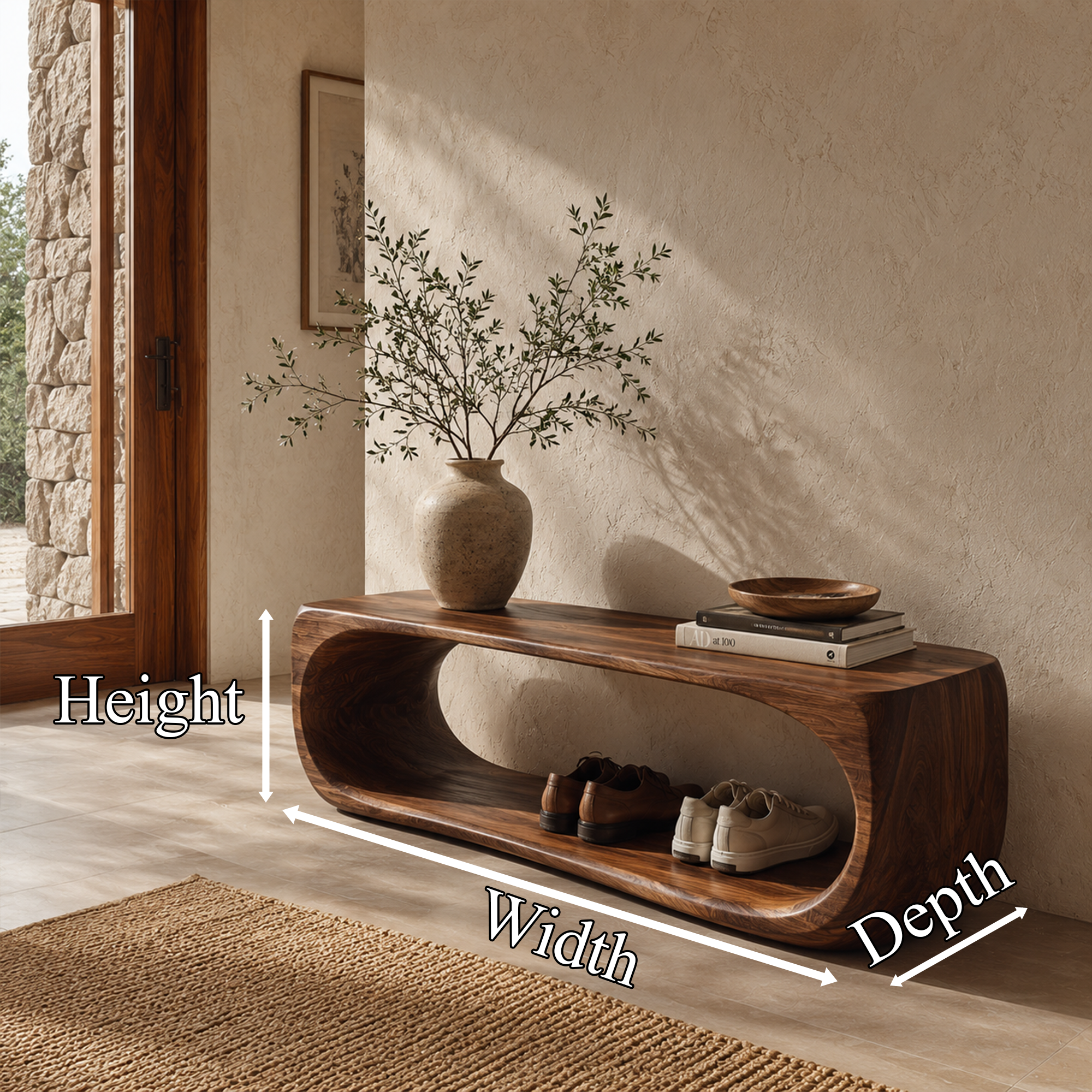 Organic Bench With Sculptural Curved Base And Open Storage Shelf For Entryway