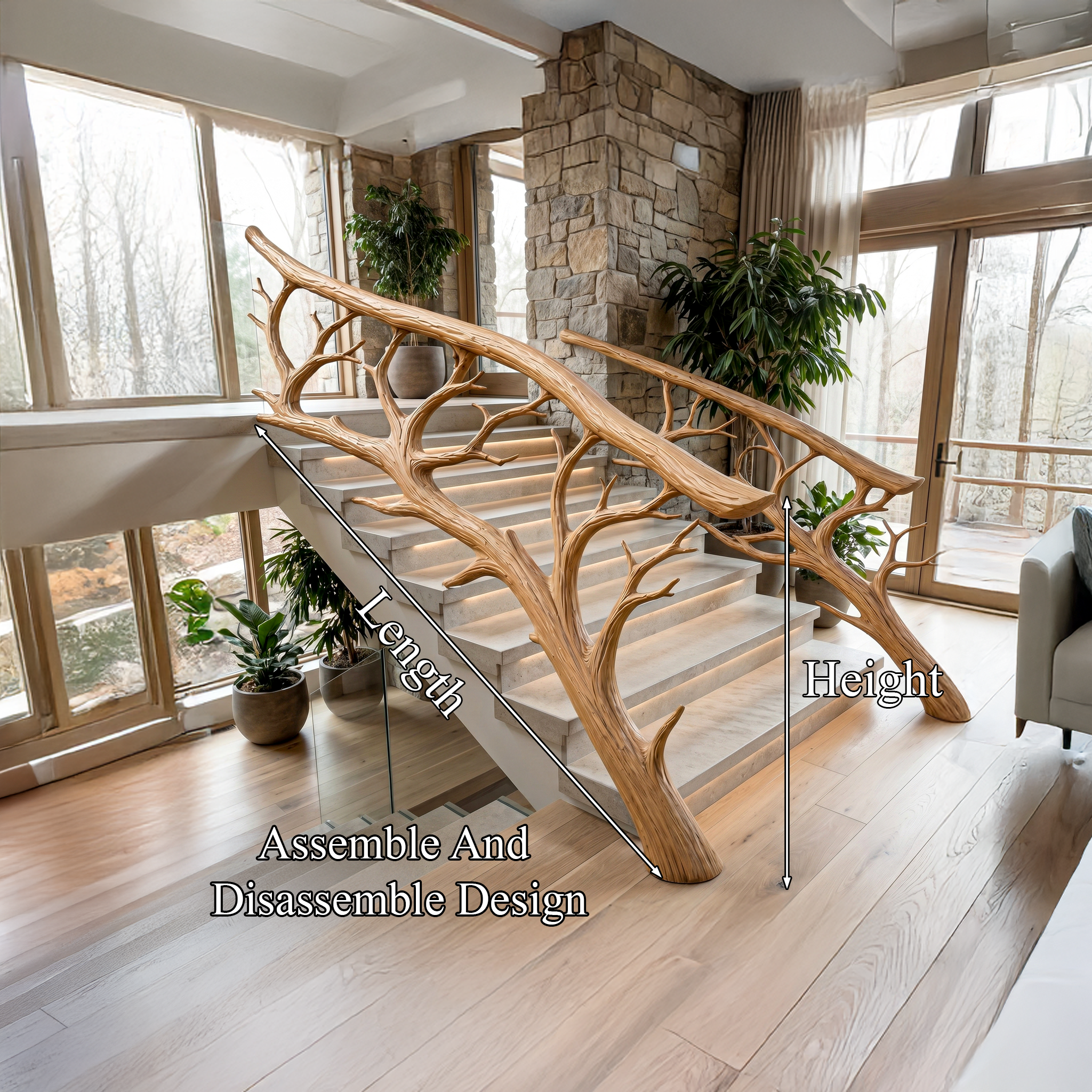 Rustic Tree Branch Stair Railing With Organic Wood Design For Interior Staircase