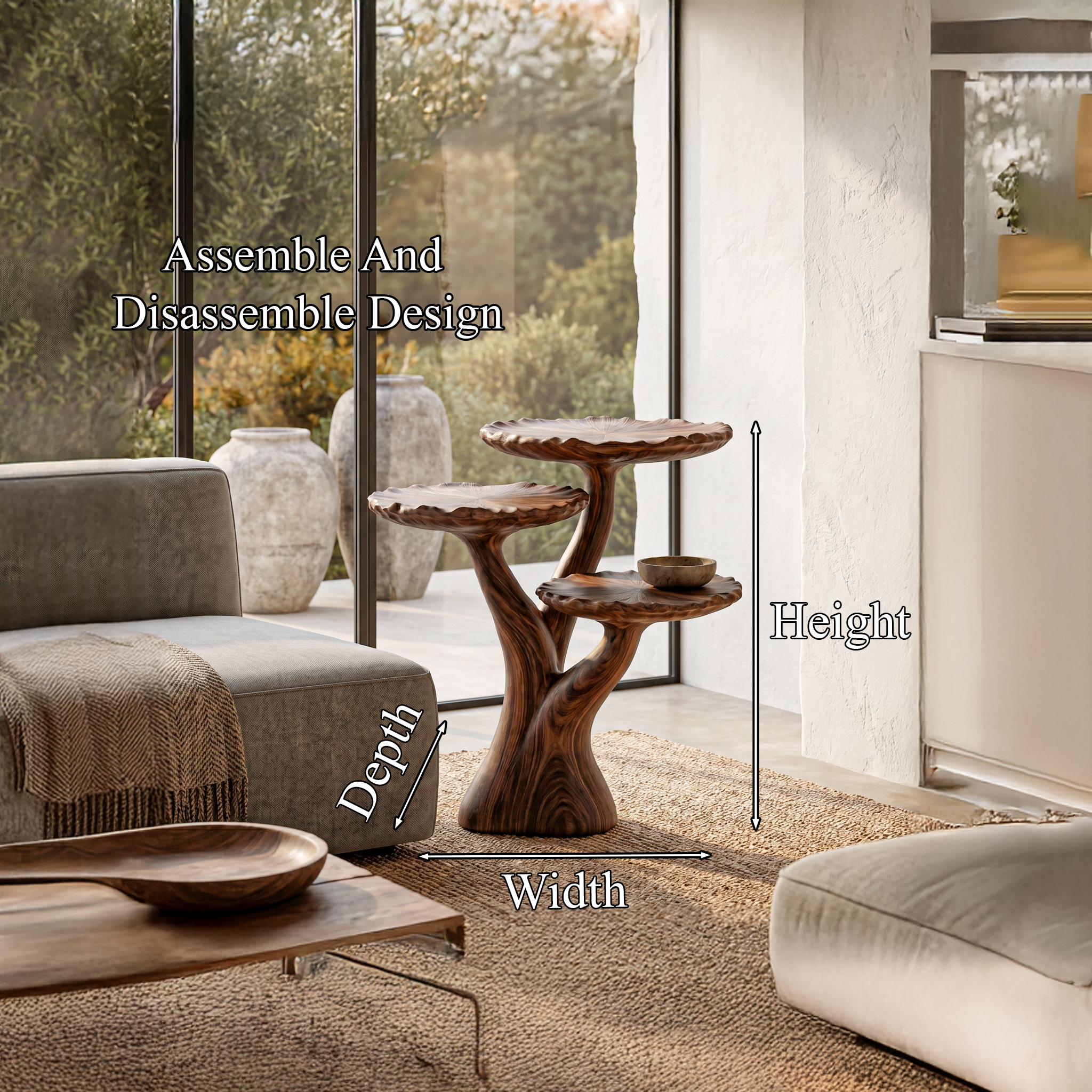 Organic Sculptural Side Table With Multi Tier Solid Wood Shelves For Living Room And Bedroom