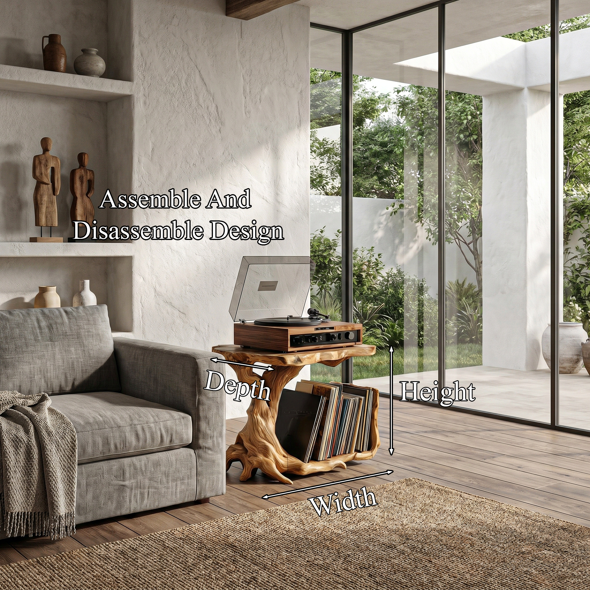 Rustic Record Player Stand With Tree Root Solid Wood Base And Vinyl Storage For Living Room