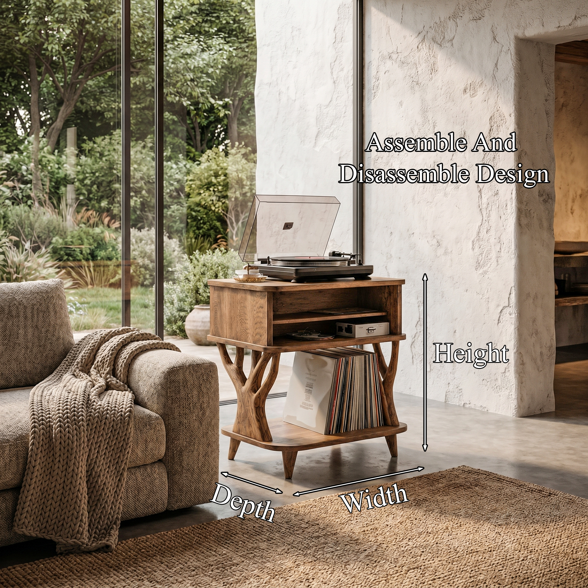 Organic Record Player Stand With Built In Drawer Storage And Vinyl Shelf For Living Room