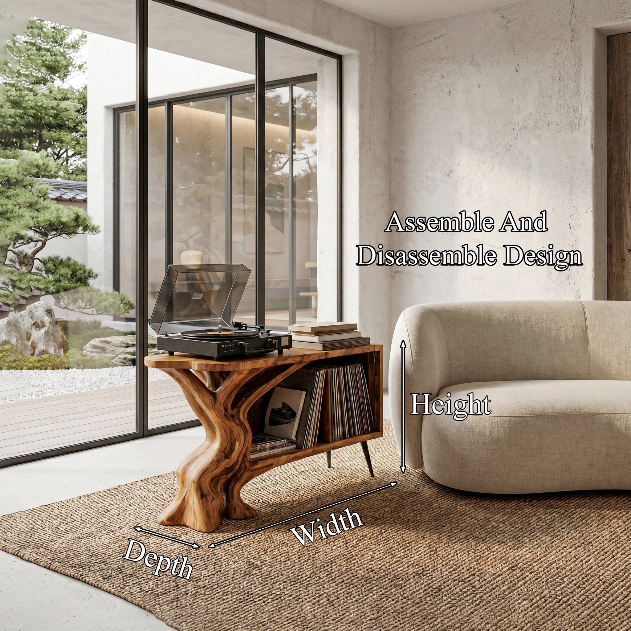 Organic Record Player Stand With Sculptural Tree Root Base And Vinyl Storage For Living Room