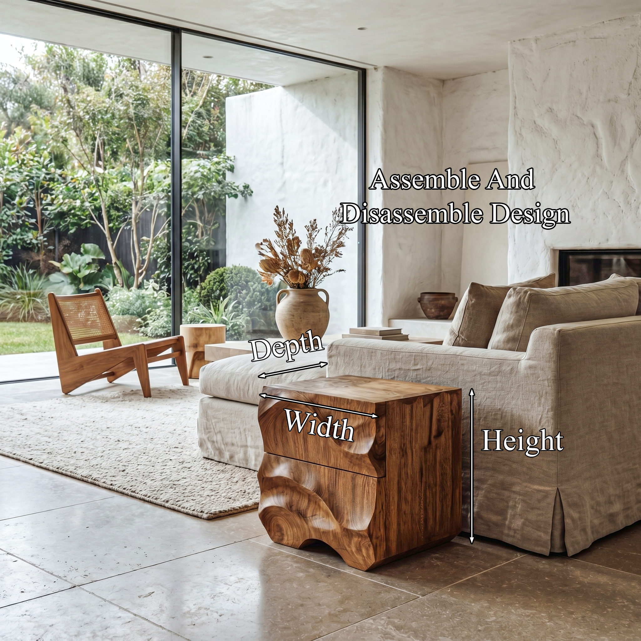 Rustic Sculptural Side Table With Hand Carved Solid Wood Base For Living Room And Bedroom