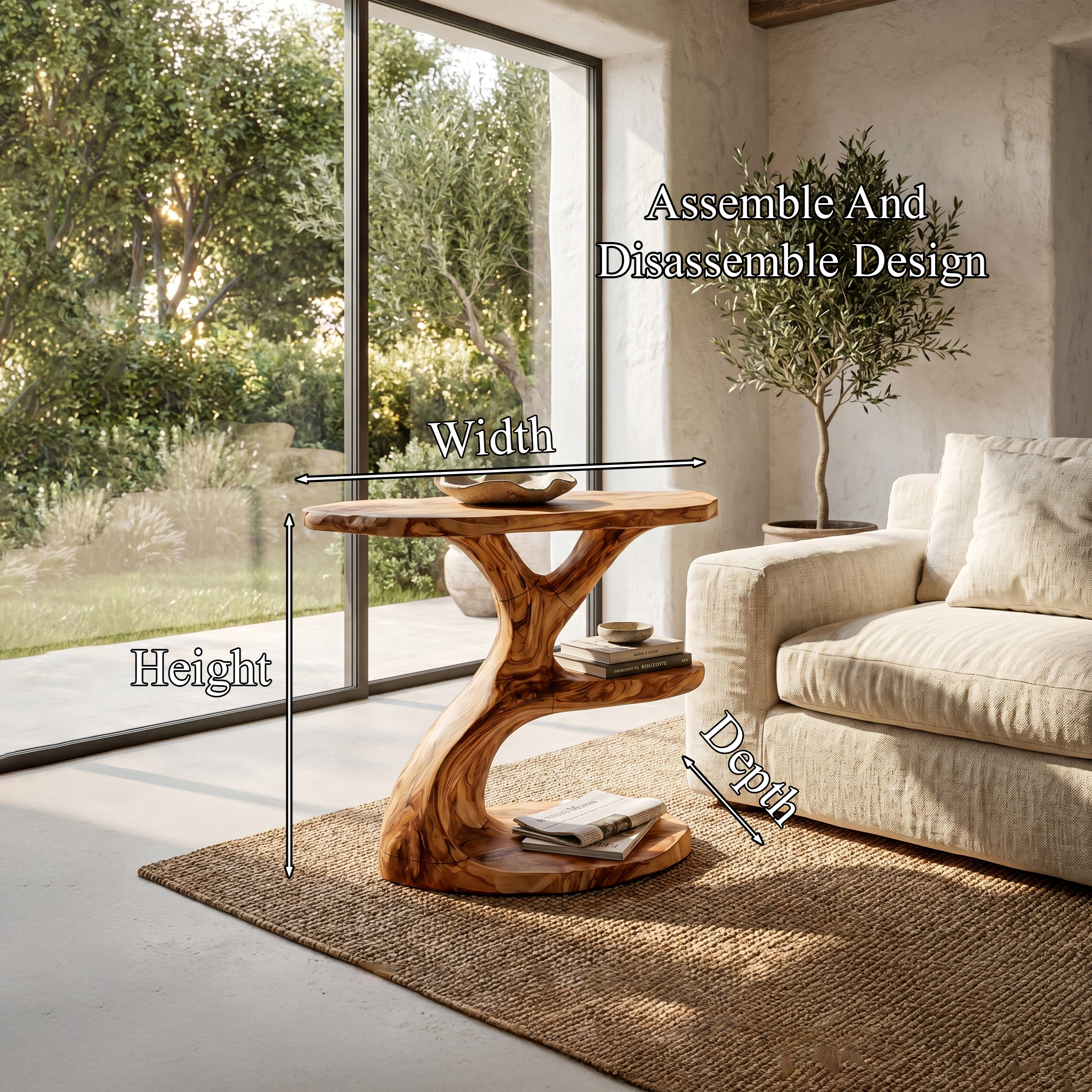 Modern Organic Side Table With Multi Level Wood Shelves For Living Room And Bedroom
