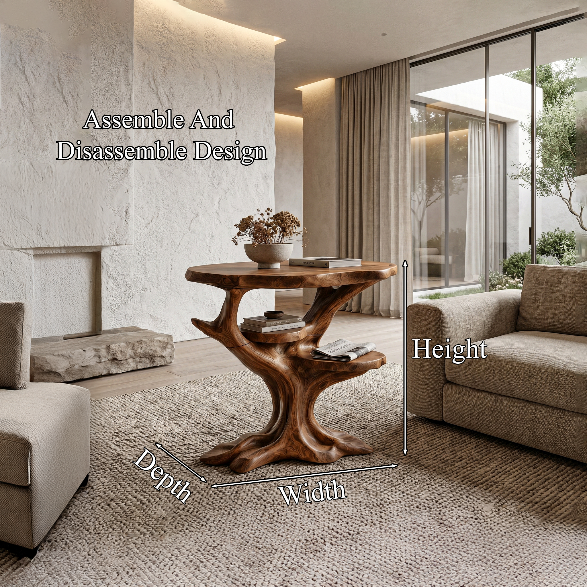Organic Sculptural Side Table With Solid Wood Display Shelves For Living Room And Bedroom