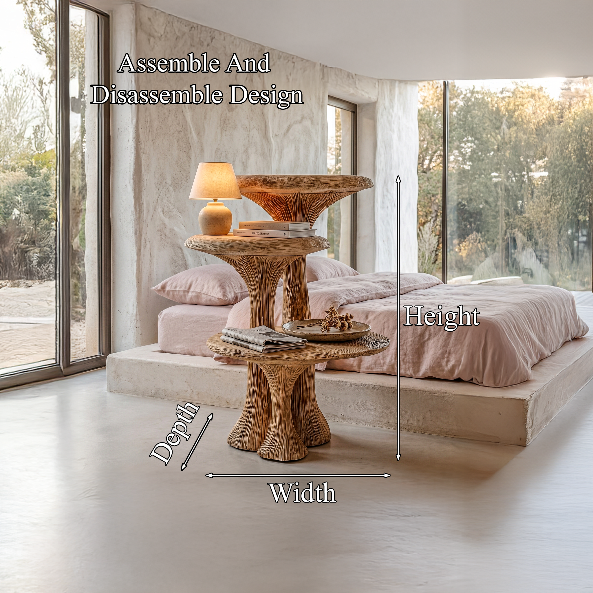 Organic Sculptural Nightstand With Multi Tier Solid Wood Shelves For Bedroom