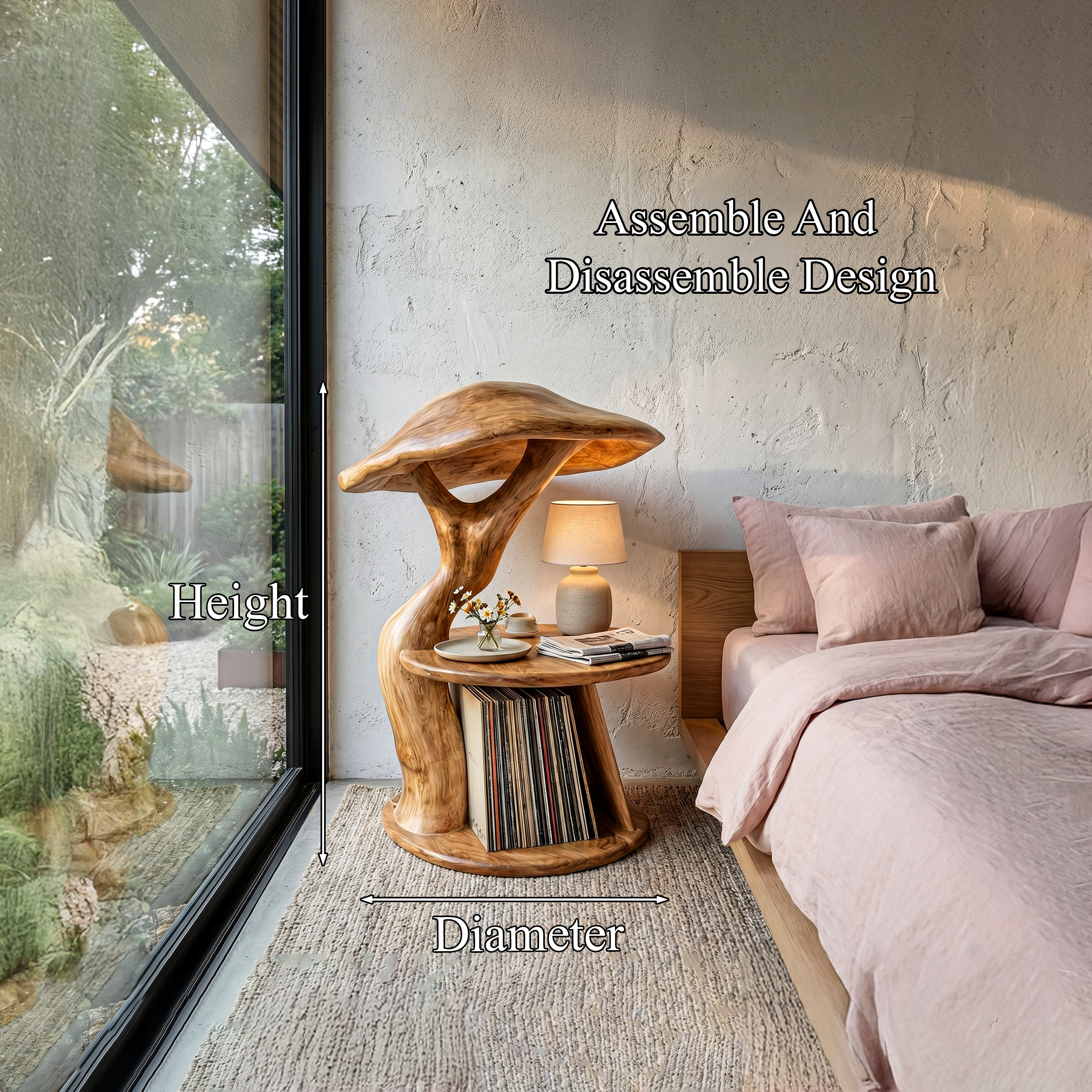 Organic Mushroom Nightstand With Sculptural Solid Wood Design And Vinyl Storage For Bedroom