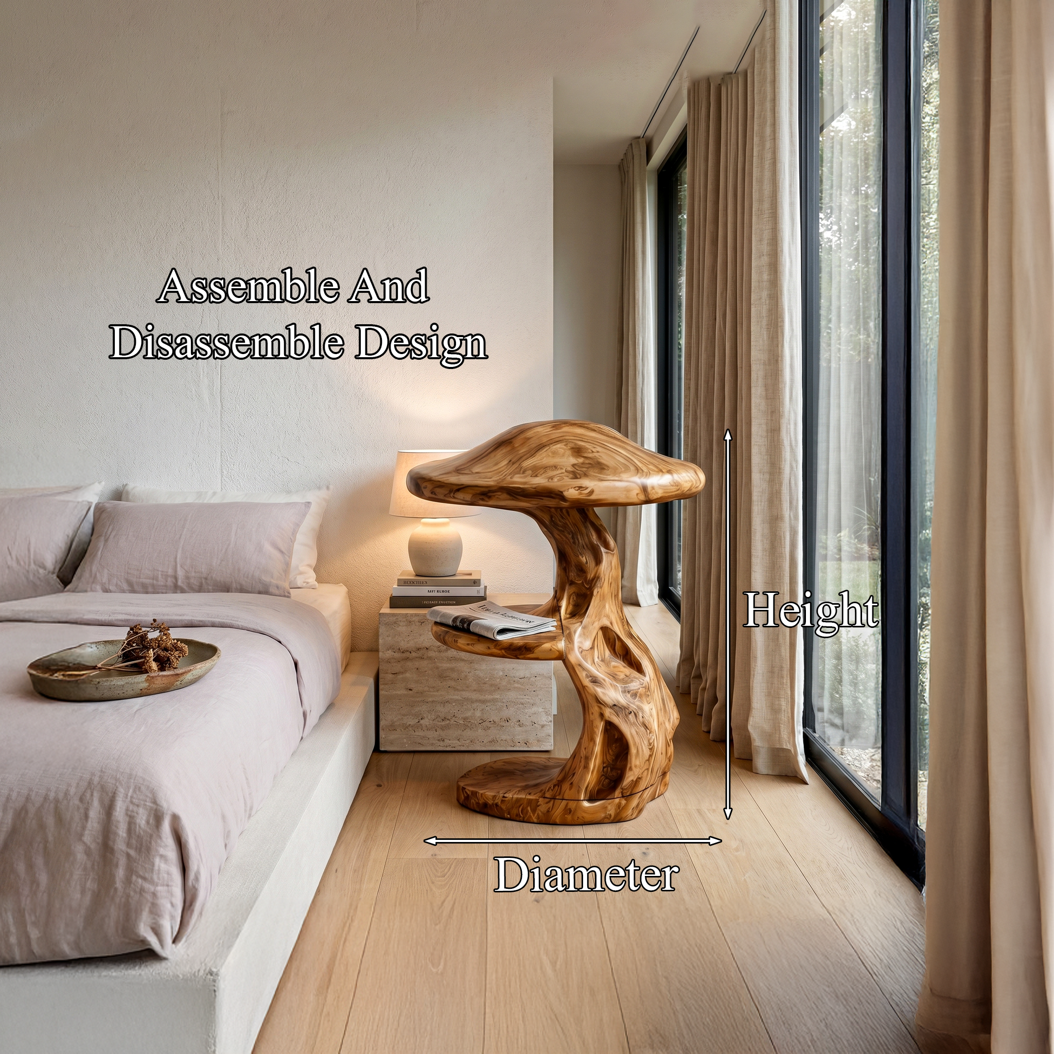 Rustic Mushroom Nightstand With Sculptural Tree Root Base And Built In Drawer For Bedroom