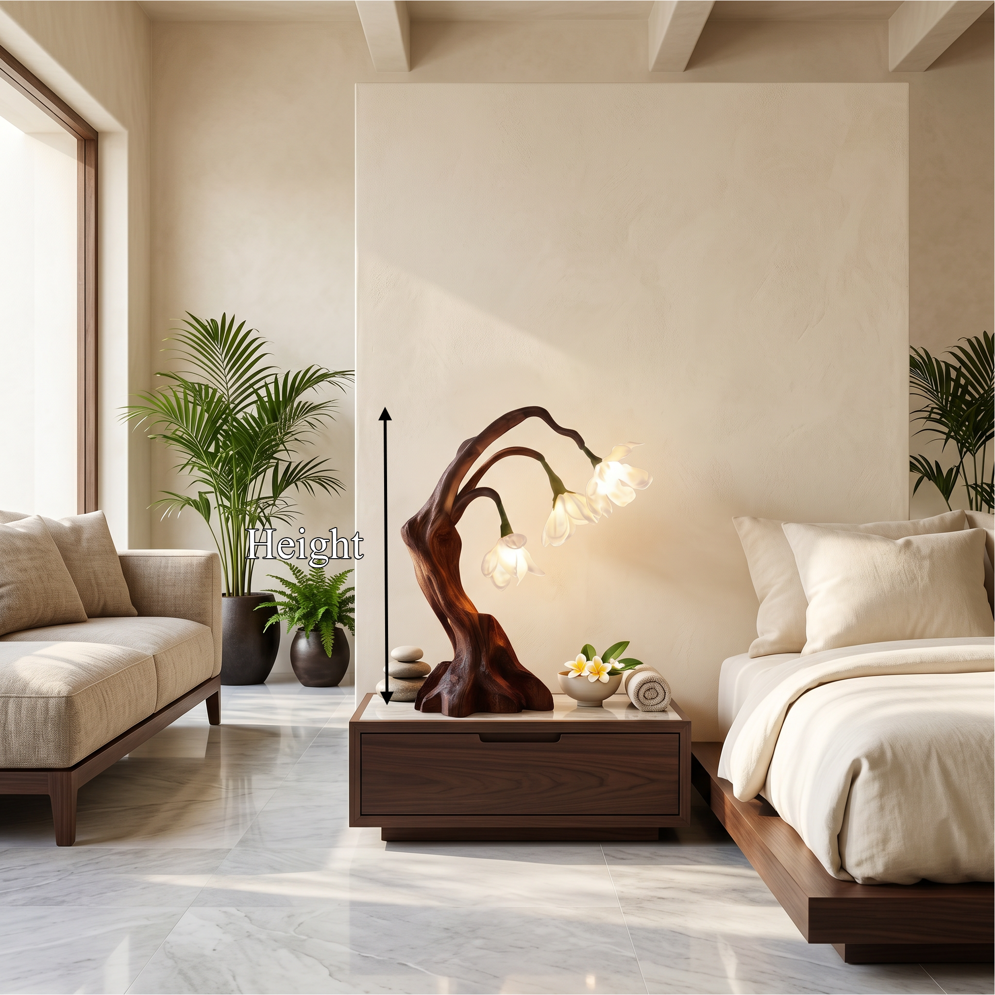 Modern Floral Table Lamp With Sculptural Driftwood Base For Bedroom And Living Room