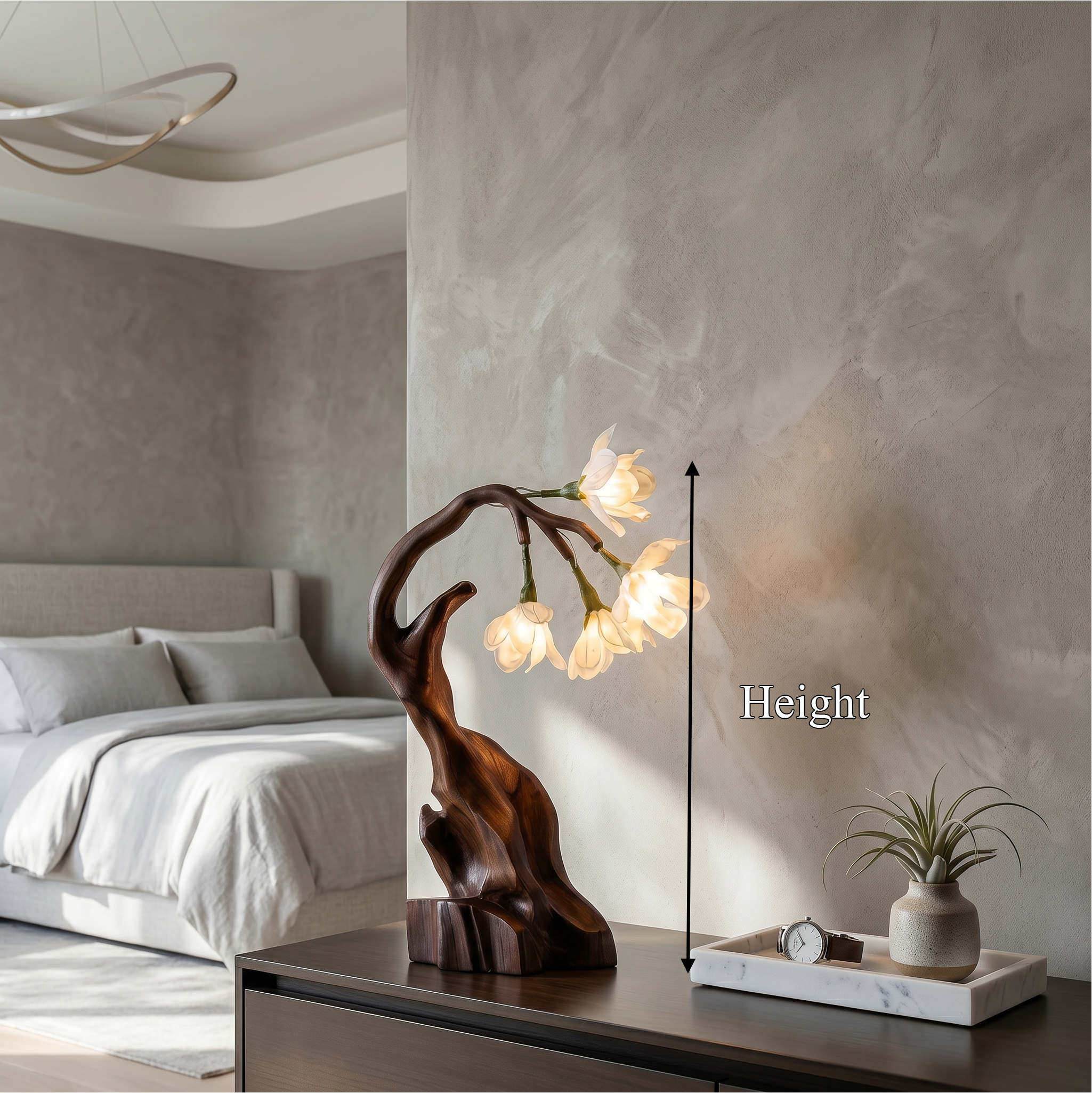 Luxury Floral Table Lamp With Sculptural Driftwood Base For Bedroom And Living Room