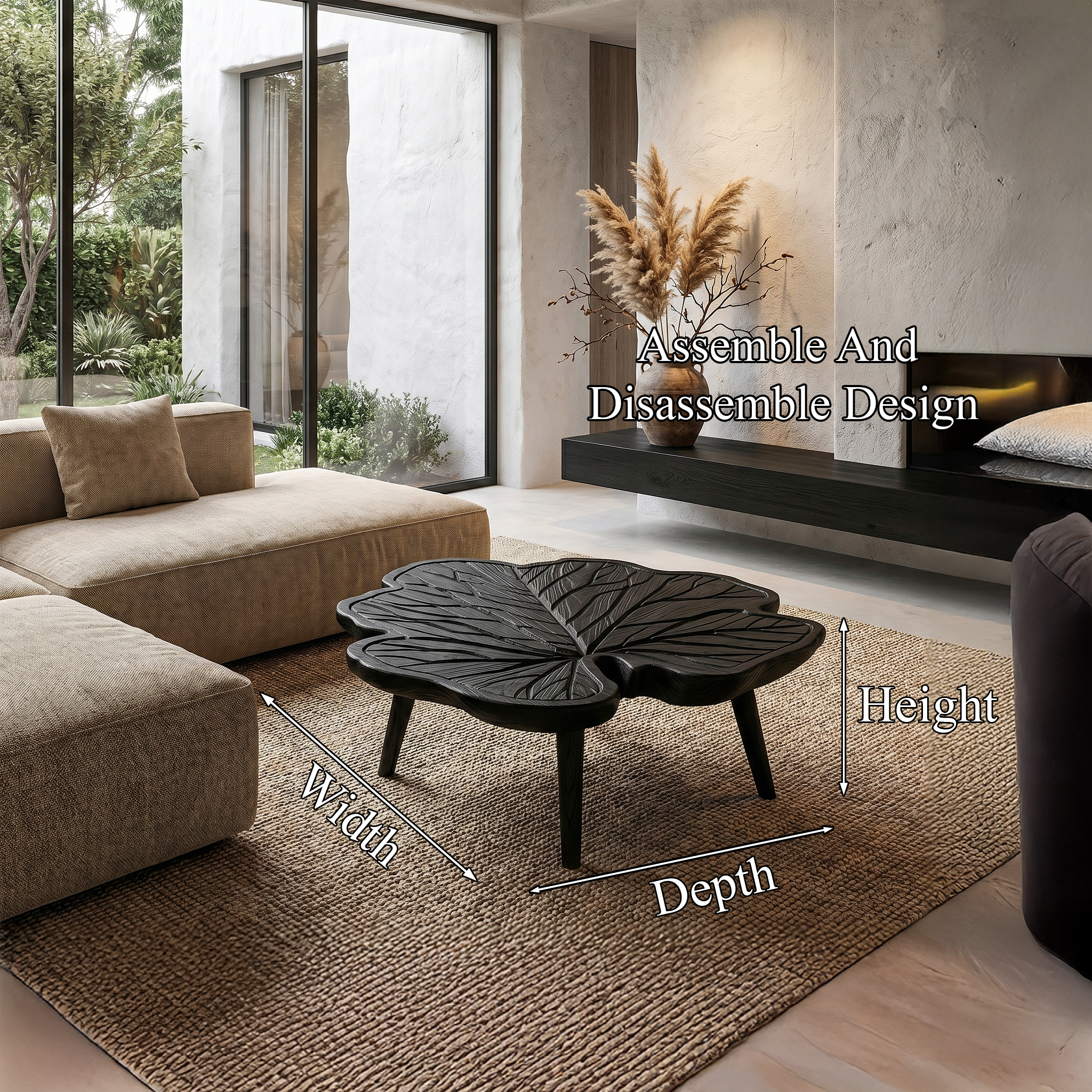 Rustic Leaf Coffee Table With Hand Carved Solid Wood Design For Living Room