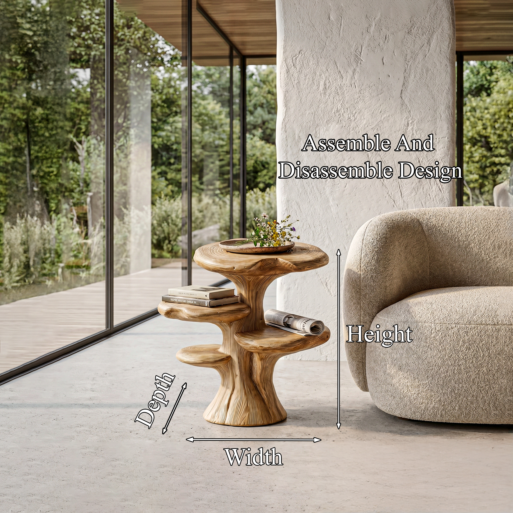 Organic Sculptural Beside Table With Tiered Solid Wood Shelves For Living Room