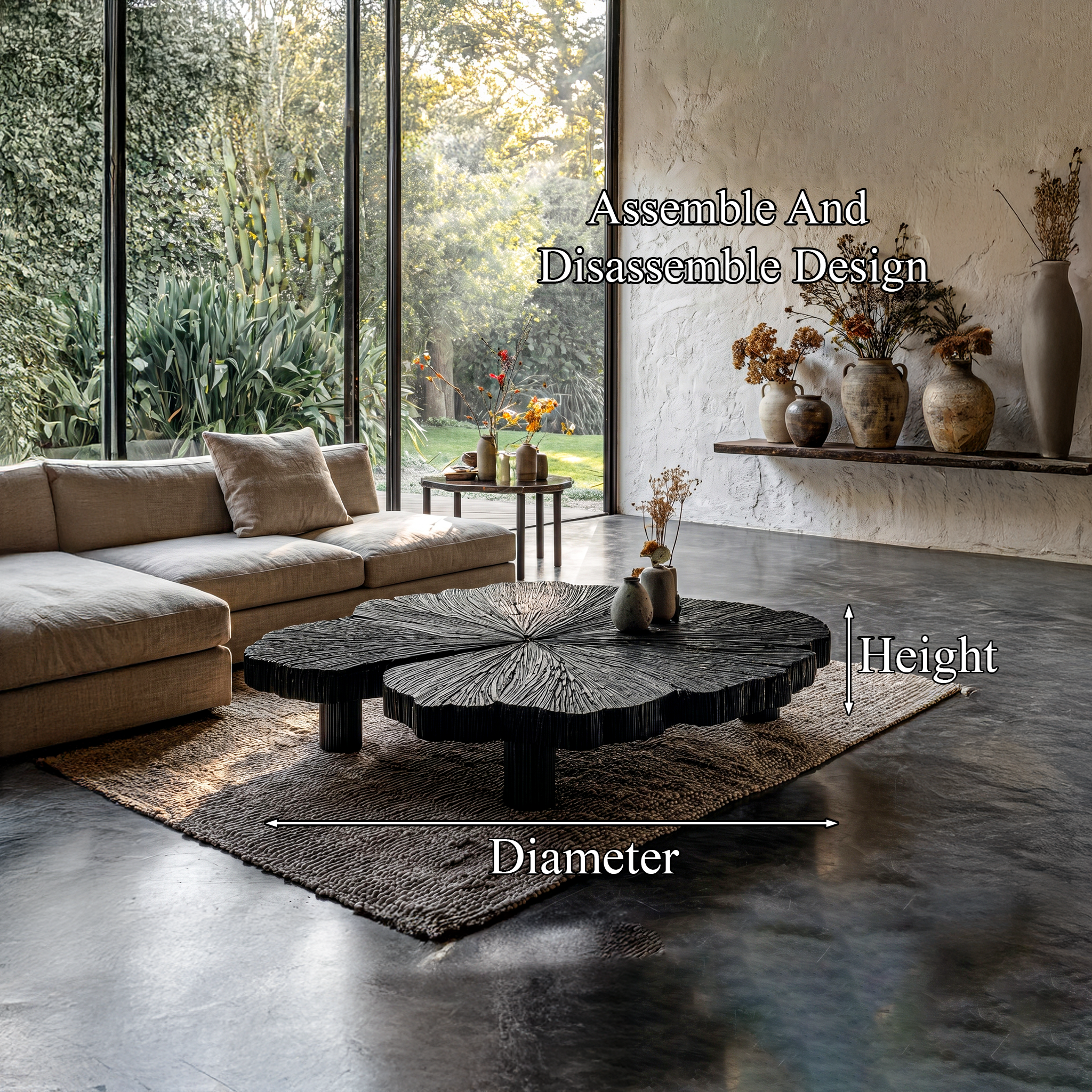 Rustic Coffee Table With Hand Carved Organic Wood Top And Chunky Pedestal Legs For Living Room