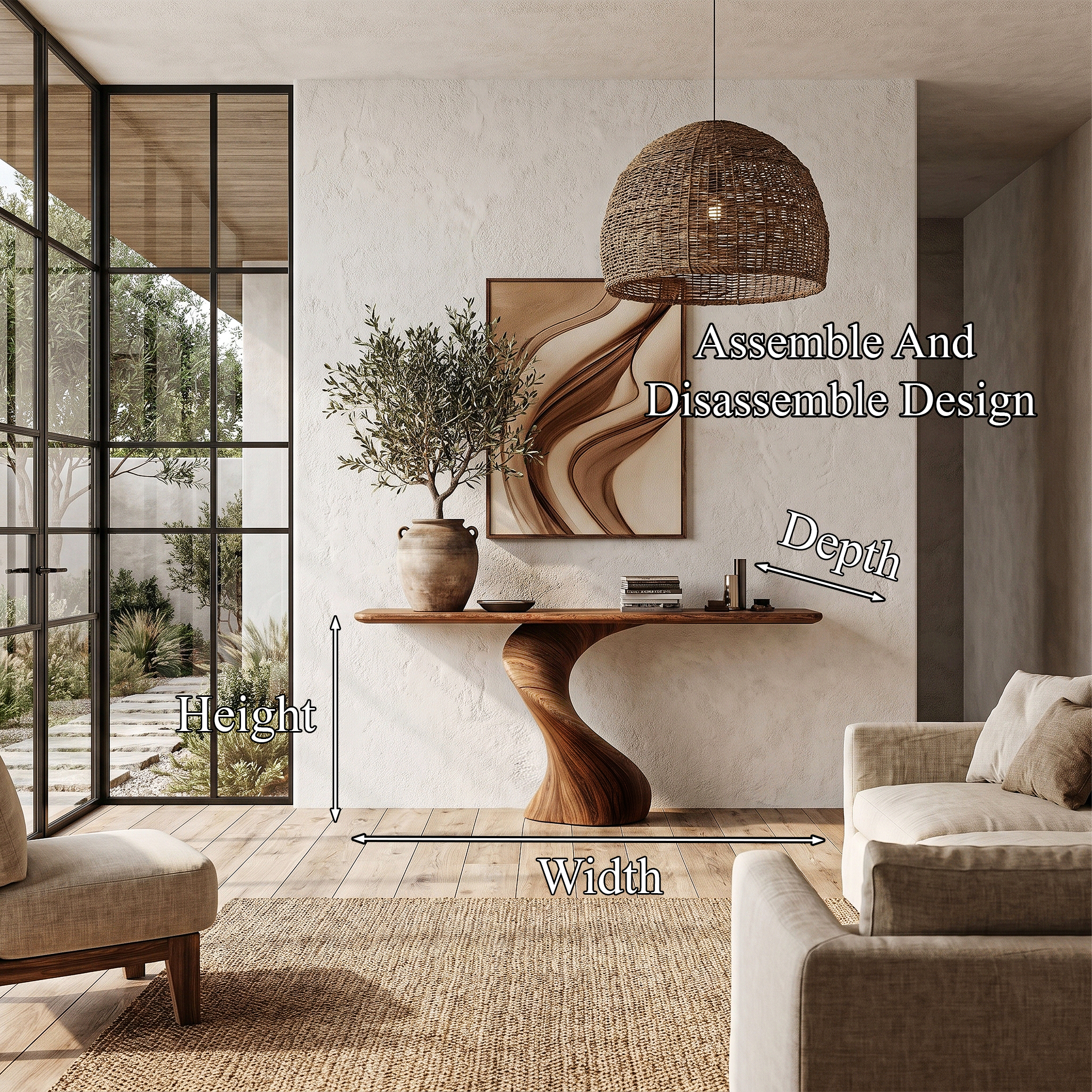 Modern Organic Console Table With Sculptural Twisted Solid Wood Base For Entryway And Living Room