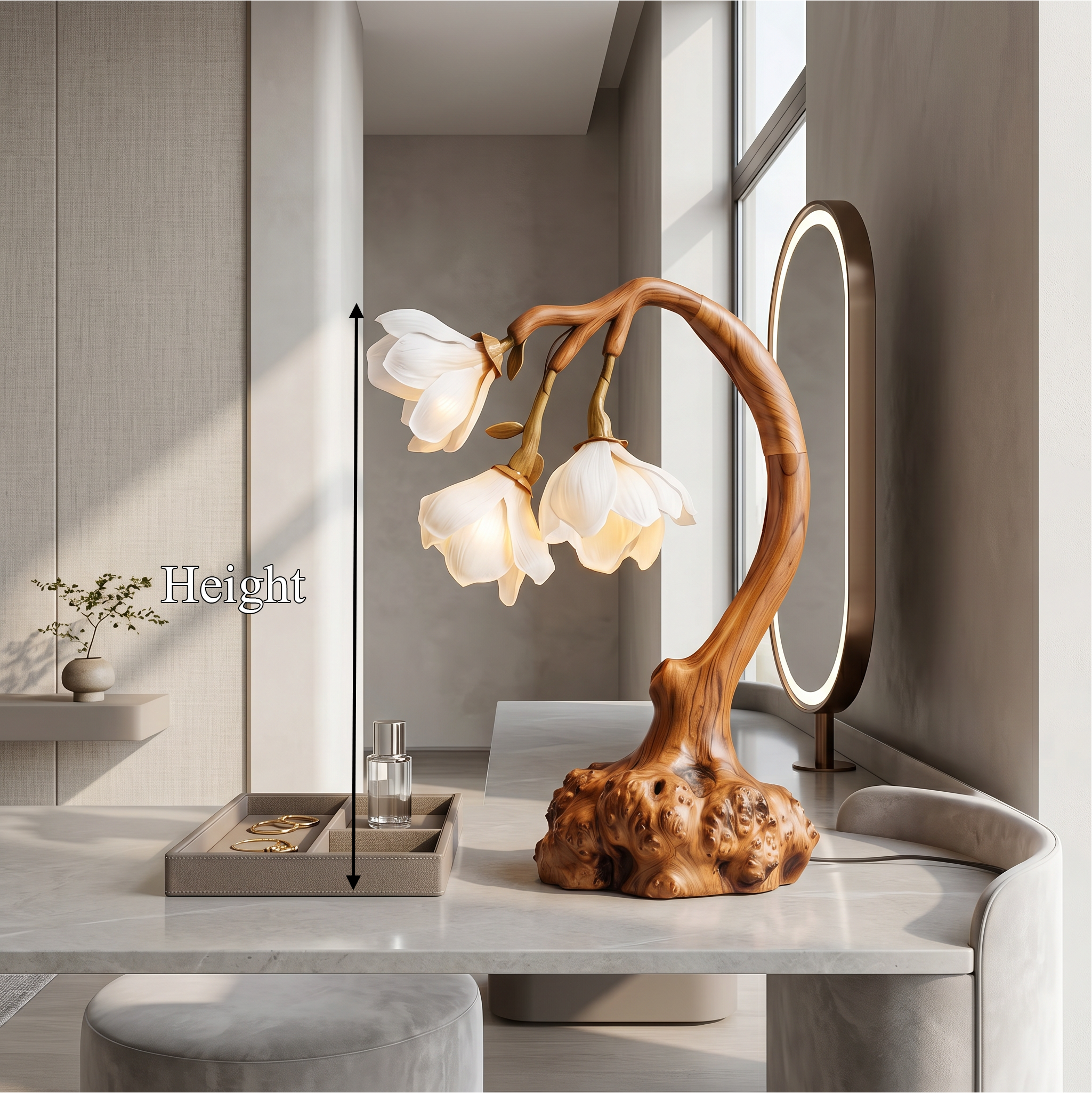 Minimalist Floral Table Lamp With Organic Wood Base For Bedroom And Living Room