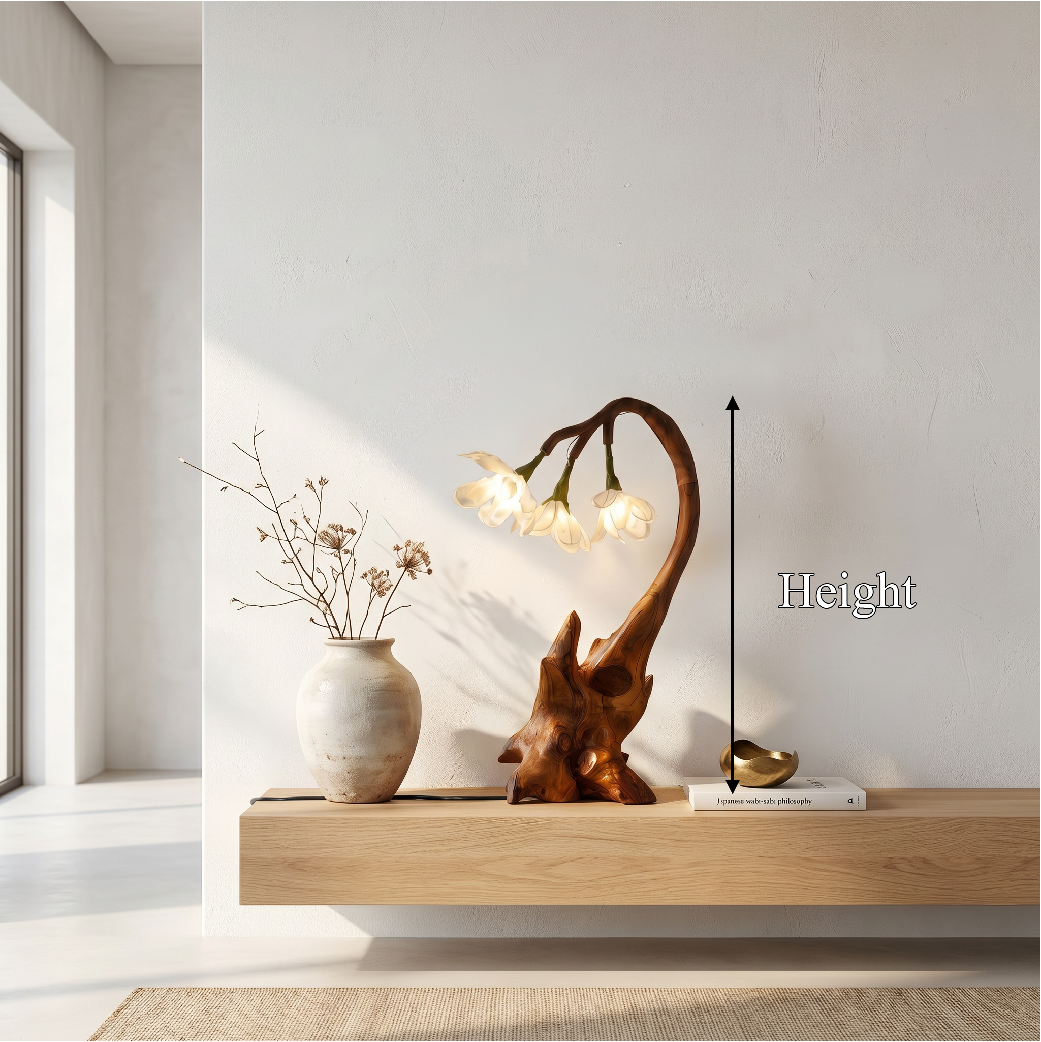 Contemporary Floral Table Lamp With Sculptural Wood Base For Bedroom And Living Room