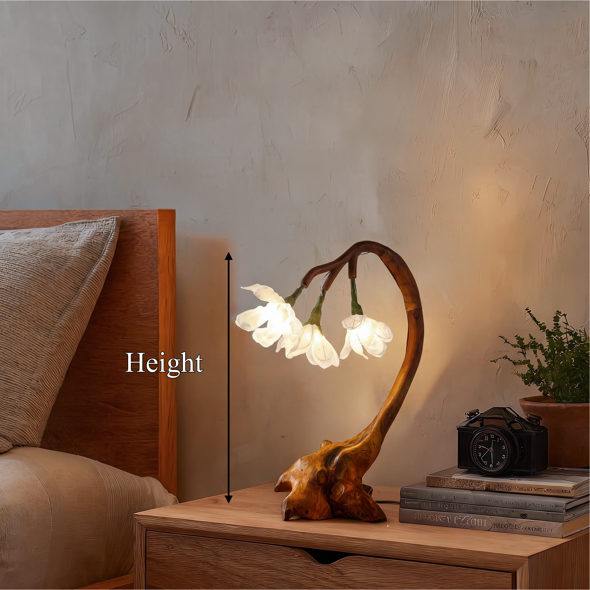 Organic Flower Table Lamp With Sculptural Wood Base For Bedroom And Living Room