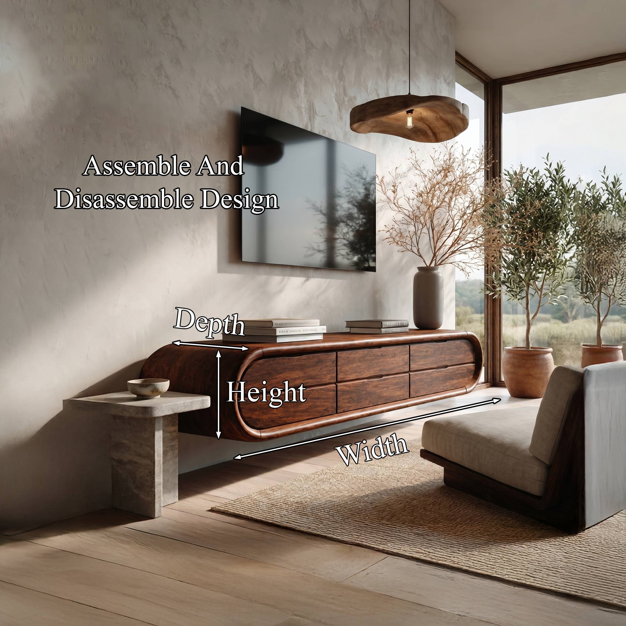Organic Floating TV Cabinet With Sculptural Curved Wood Frame For Living Room